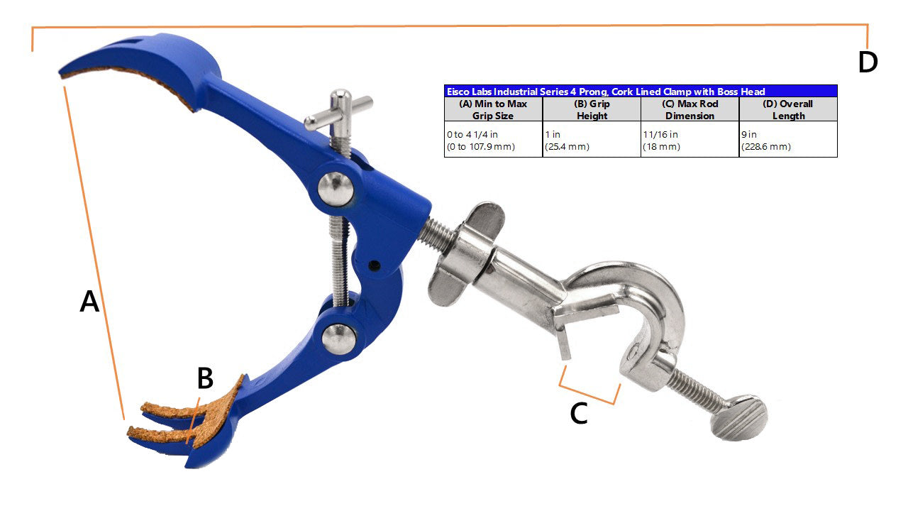 4 Finger Pronged, Cork Lined, Lab Clamp with Boss Head, 4.25" (10.8 cm) maximum clamp opening