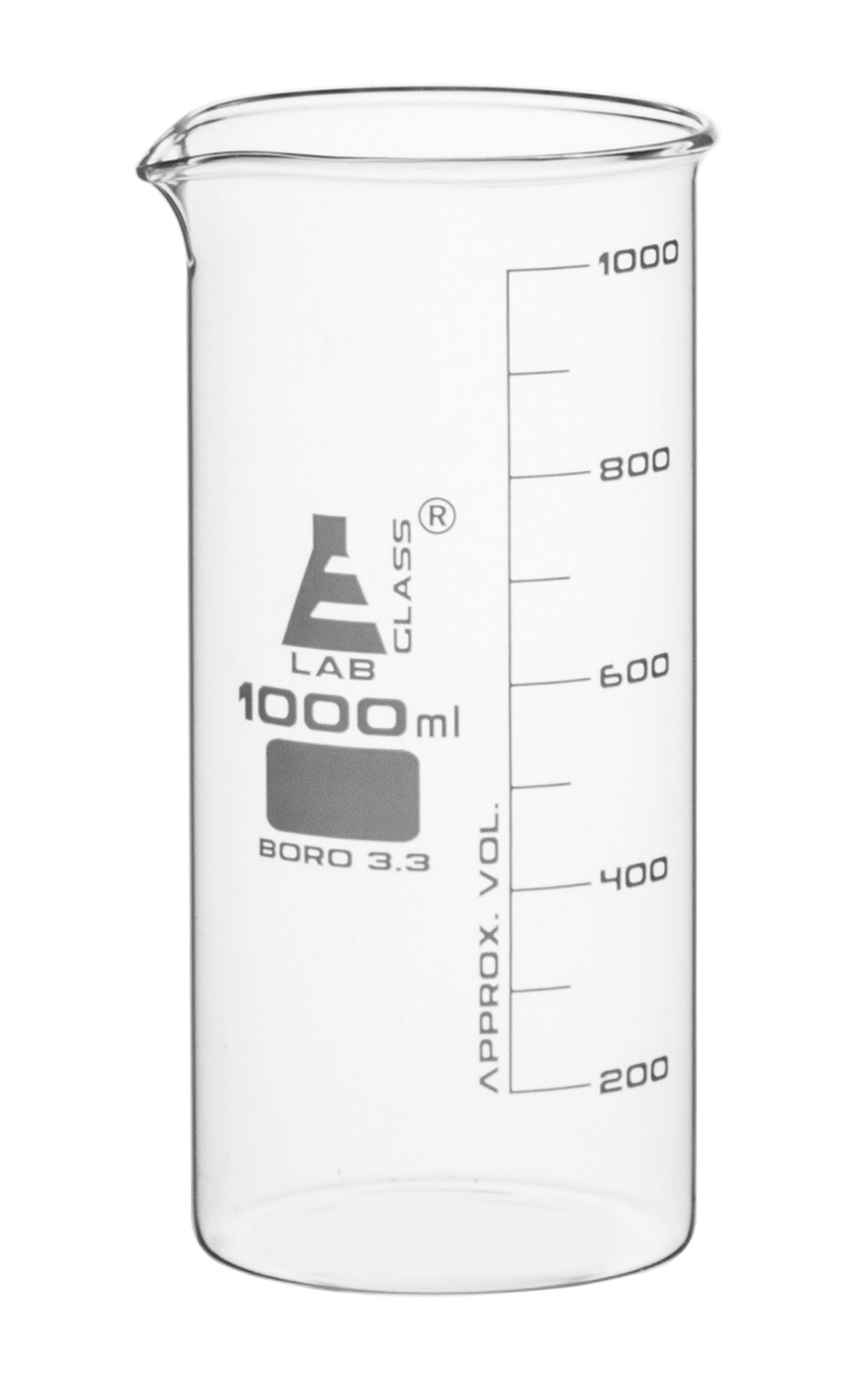 Borosilicate Tall Form Beaker, 1000ml, 100ml Graduation, Autoclavable
