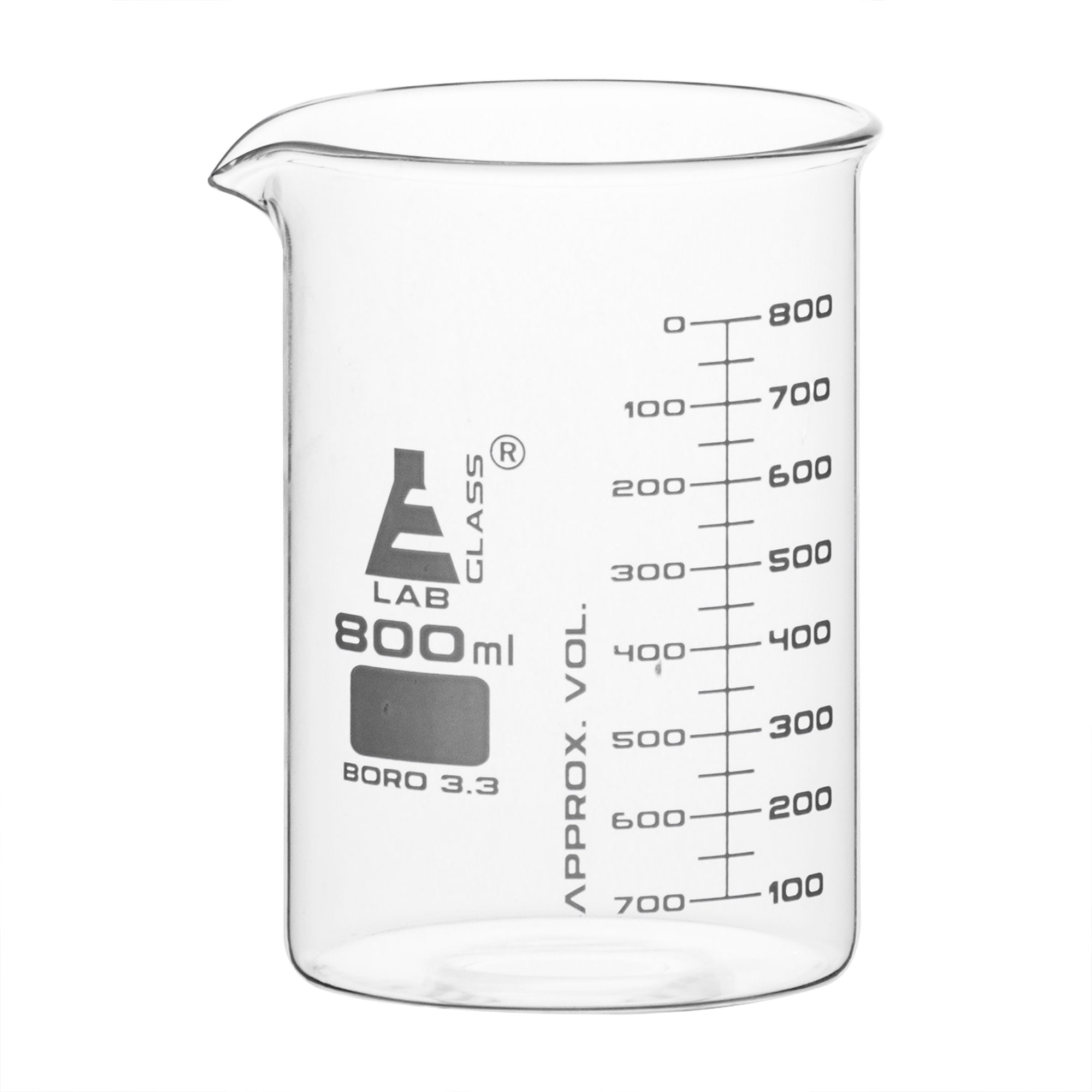 Borosilicate ASTM Low Form Beaker, 800ml, 50ml Graduation, Autoclavable