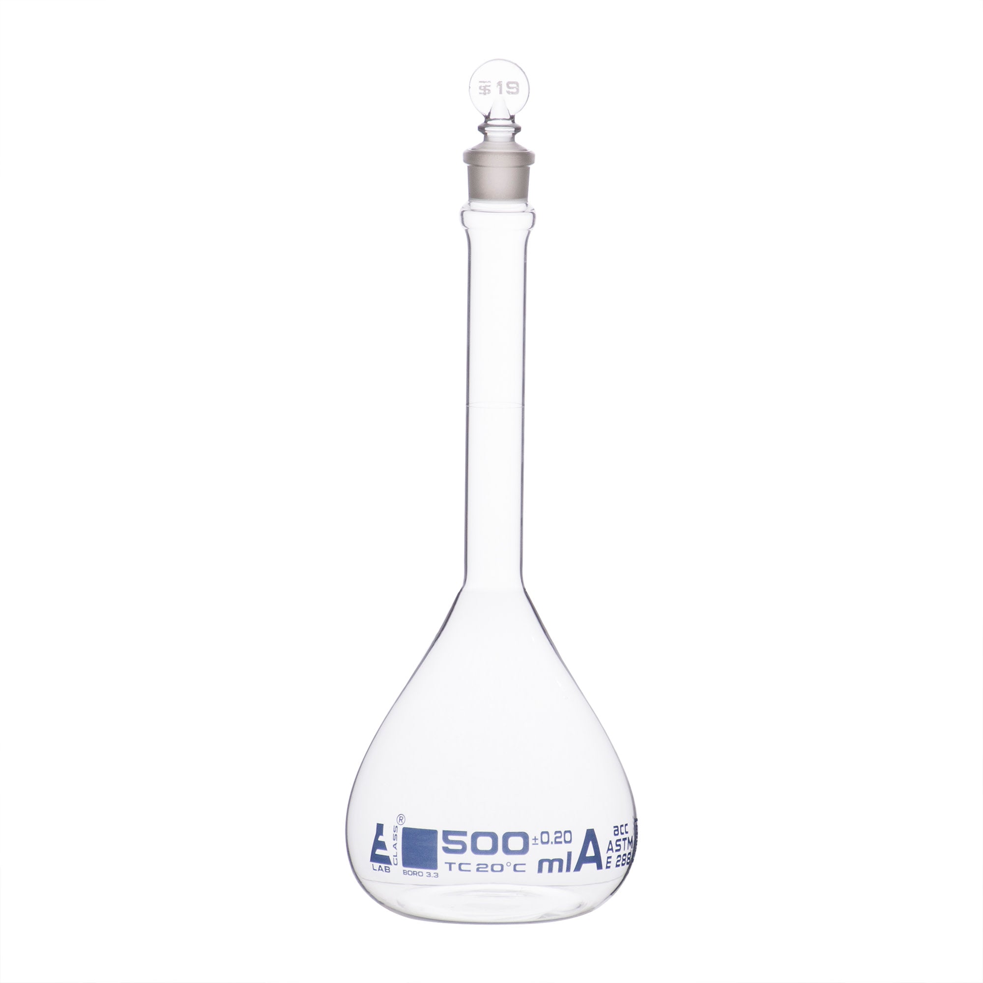Borosilicate Glass ASTM Volumetric Flask with Glass Stopper, 500 ml, Class A, Autoclavable