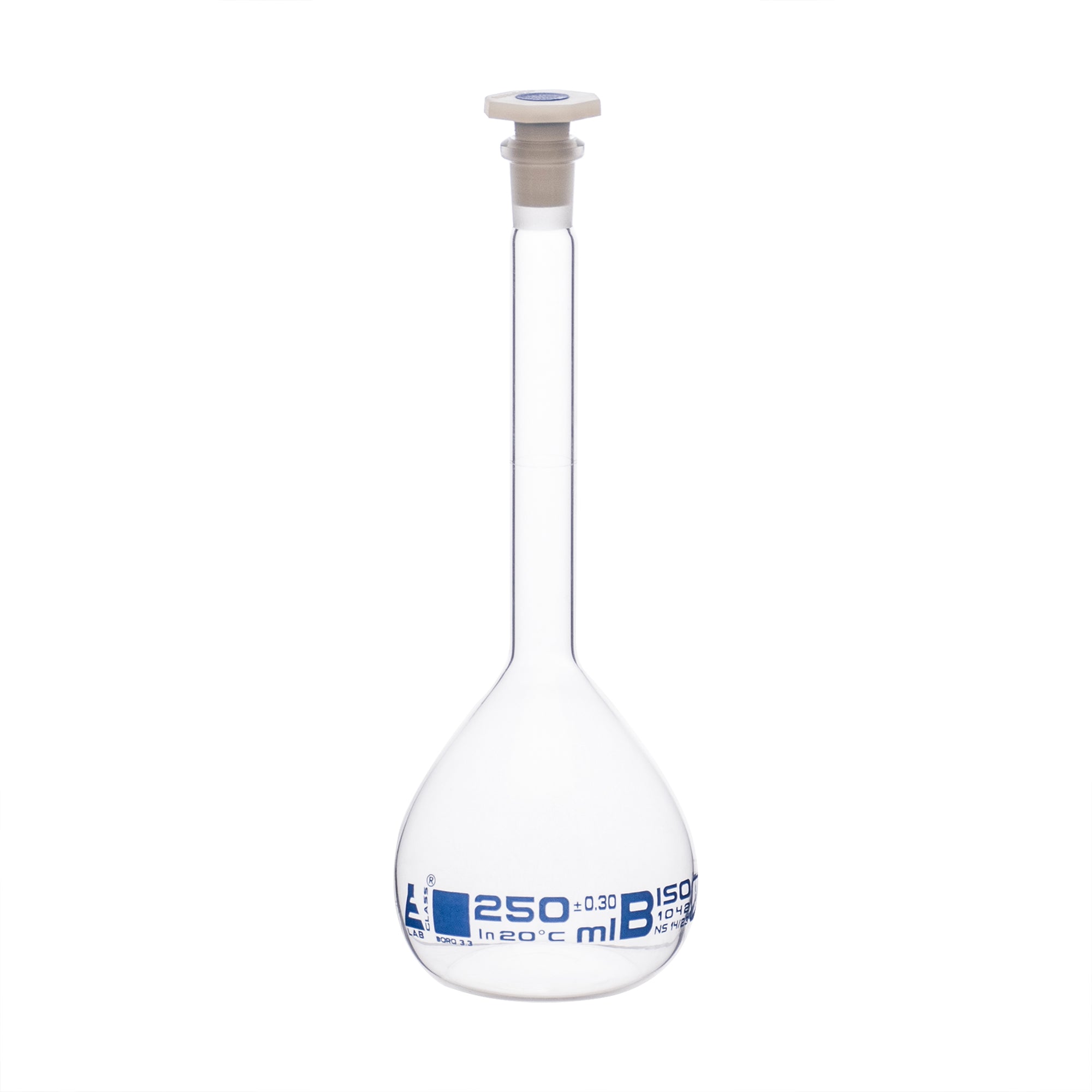 Borosilicate Glass Volumetric Flask with Polyethylene Stopper, 250ml, Class B, Blue Print, Autoclavable