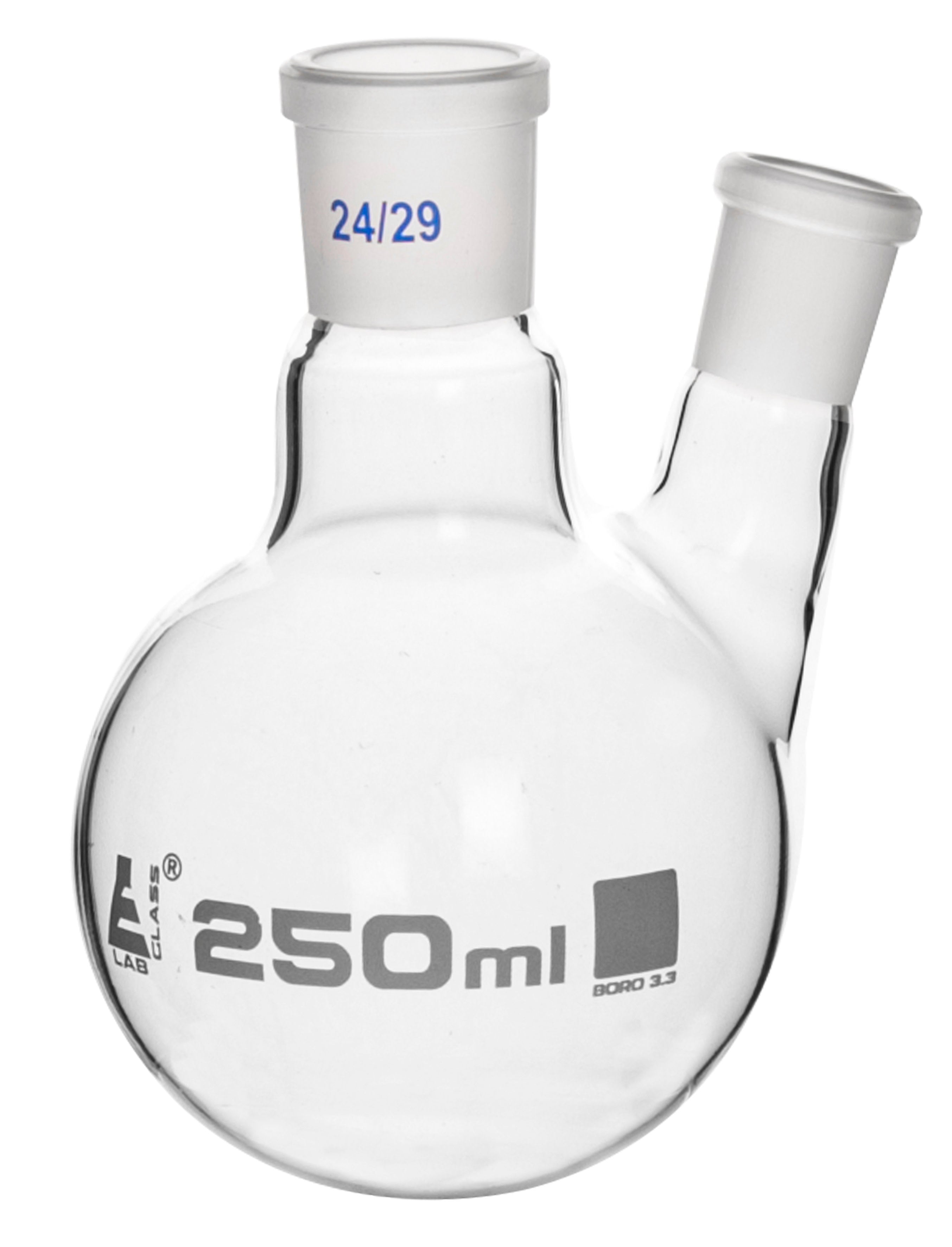 Borosilicate Glass 2 Neck Distillation Flask, 250ml, 24/29 Oblique Neck, 19/26 Side Joint, Autoclavable