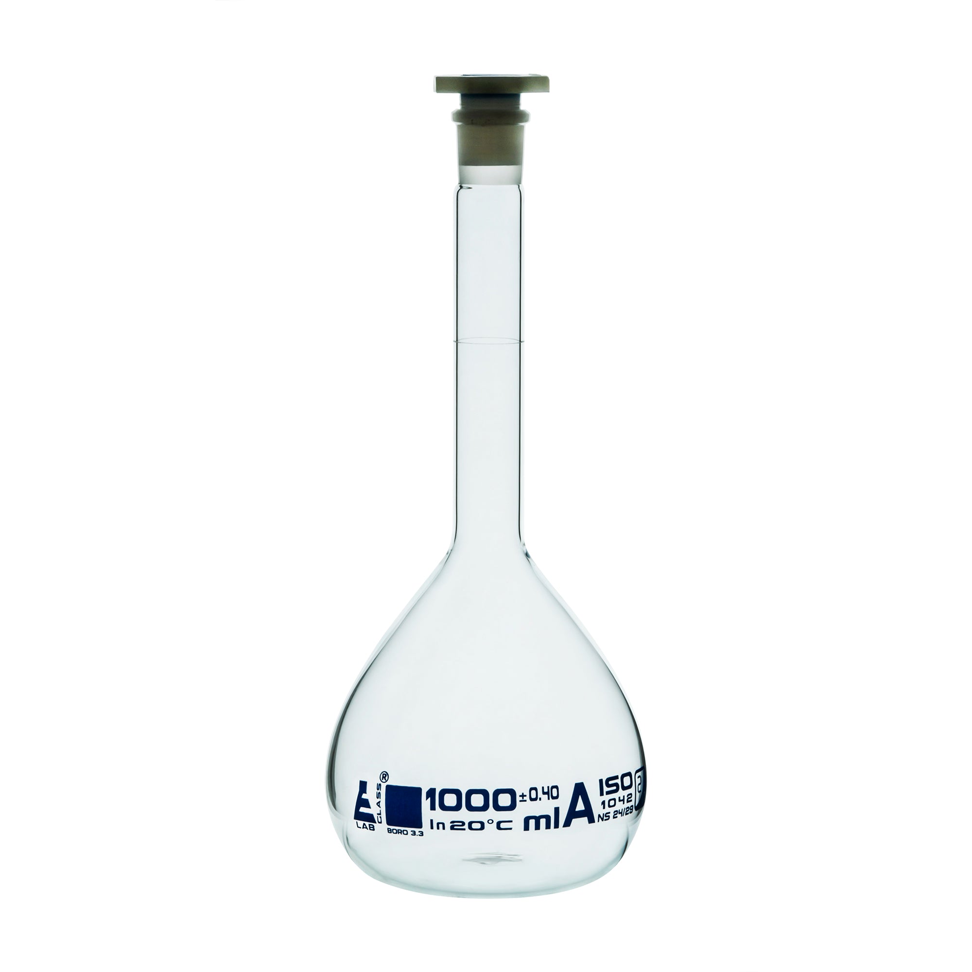 Borosilicate Glass Volumetric Flask with Polyethylene Stopper, 1000ml, Class A, Blue Print, Autoclavable