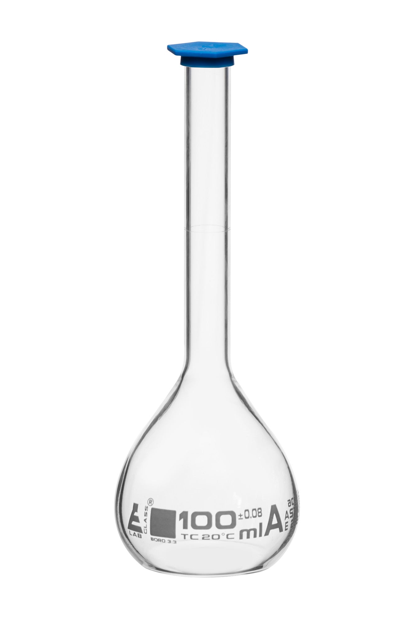 Borosilicate Volumetric Flask with Polyethylene Snap Cap, 100 ml, Class A, White Print, ASTM, Autoclavable