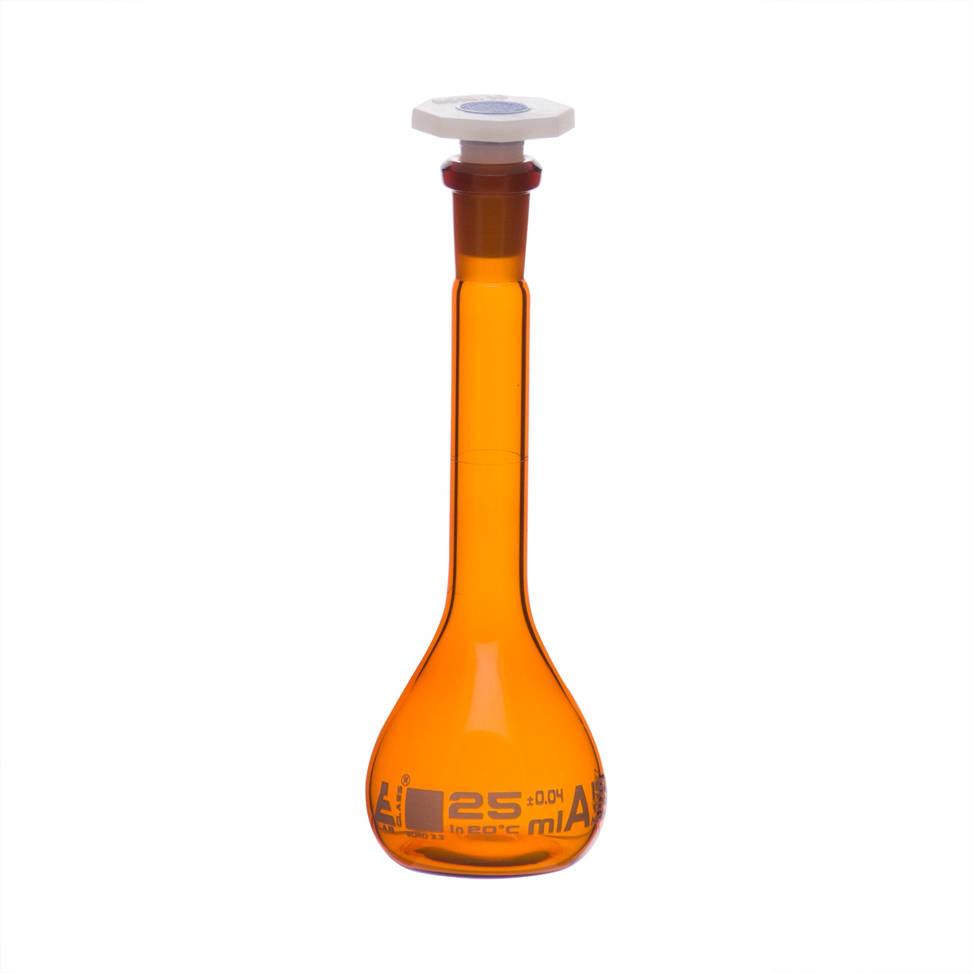 Amber Borosilicate Volumetric Flask with Polyethylene Stopper, 25ml, Class A, White Print, Autoclavable