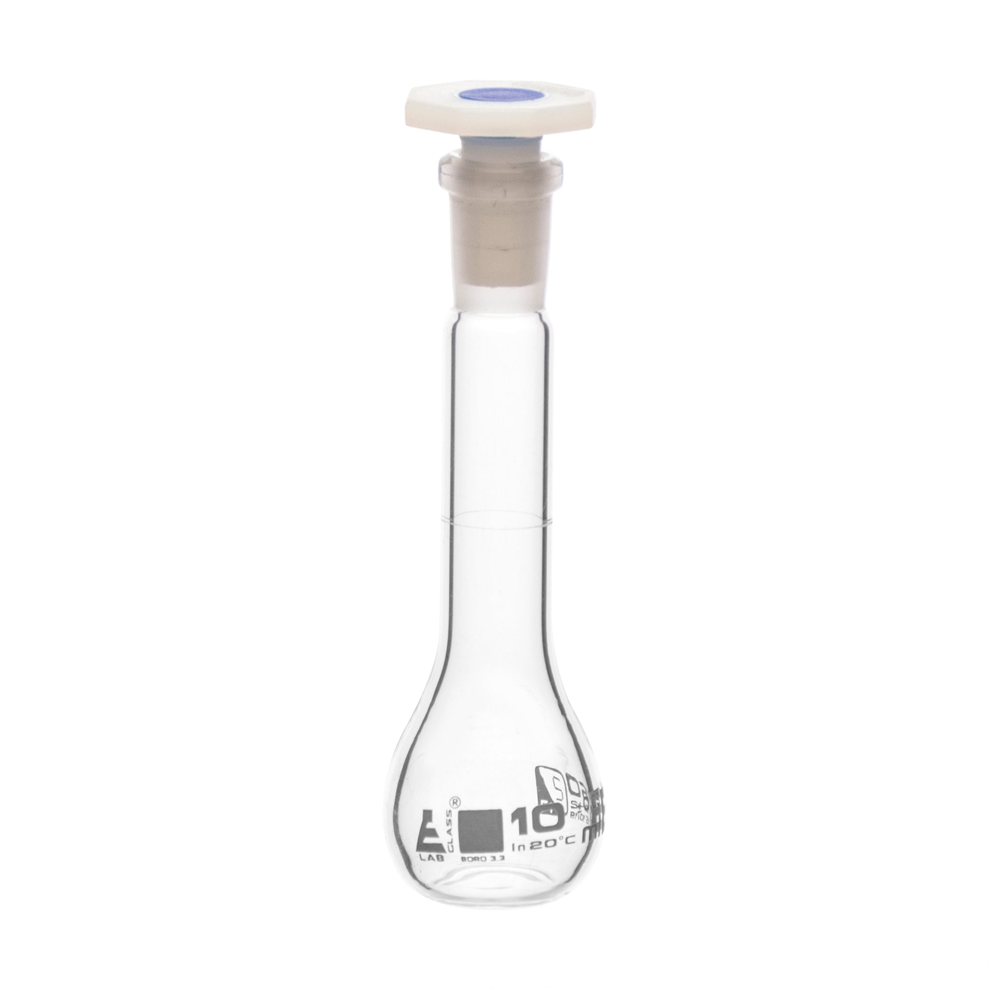 Borosilicate Glass Volumetric Flask with Polyethylene Stopper, 10ml, Class B, White Print, Autoclavable