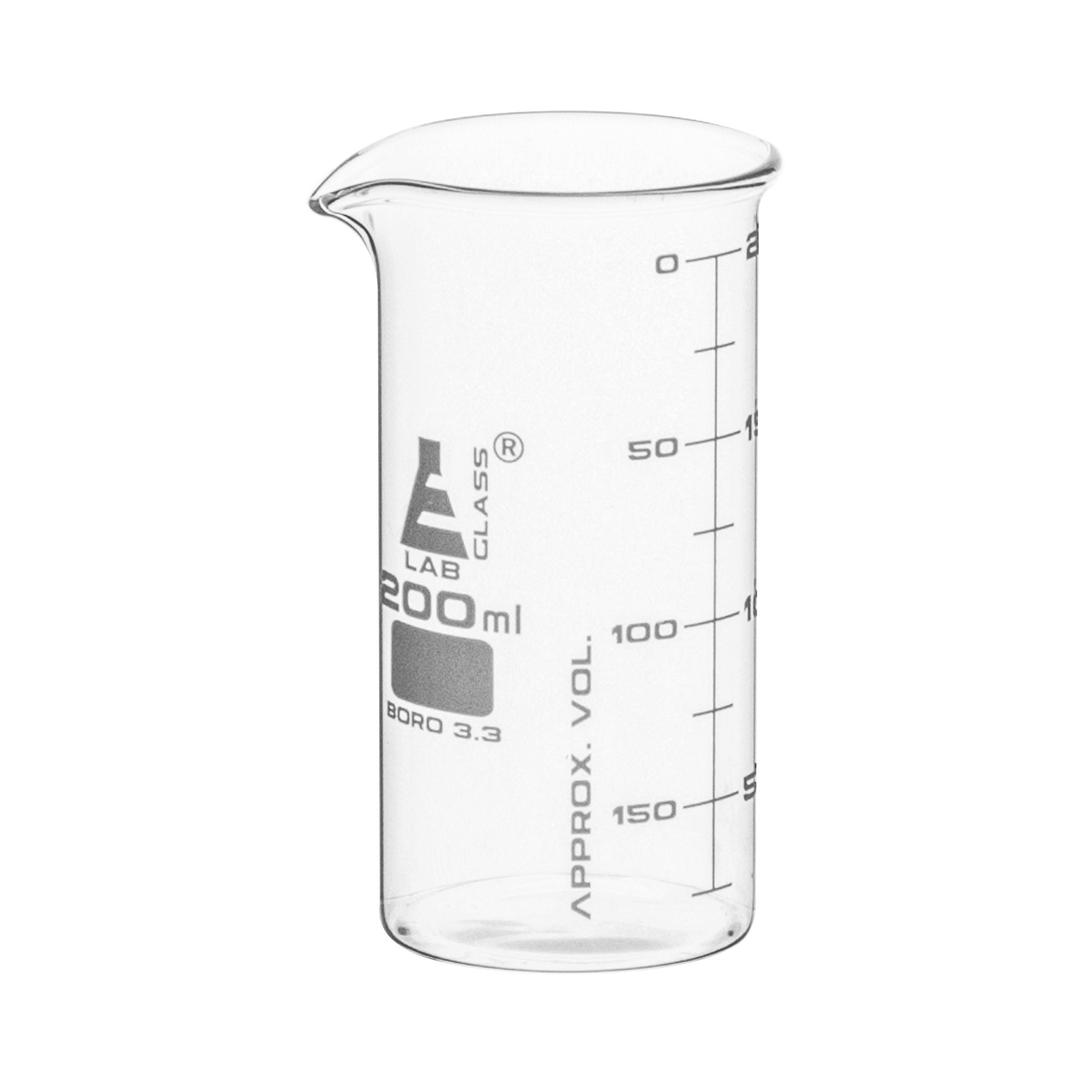Borosilicate ASTM Tall Form Beaker, 200ml, 25ml Graduation, Autoclavable
