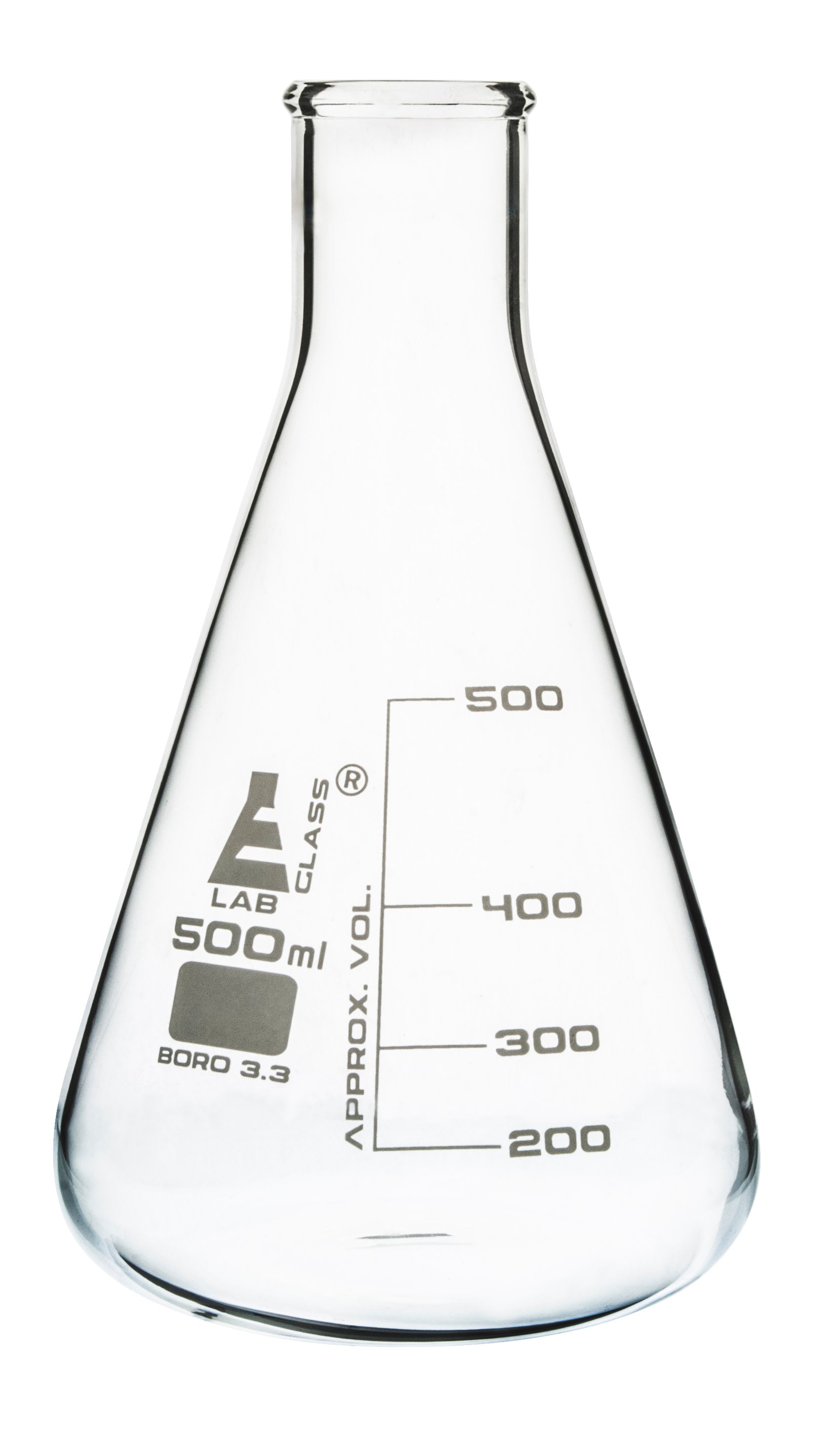 Borosilicate Glass Erlenmeyer Flask, 500 ml, 100 ml Graduations, Autoclavable