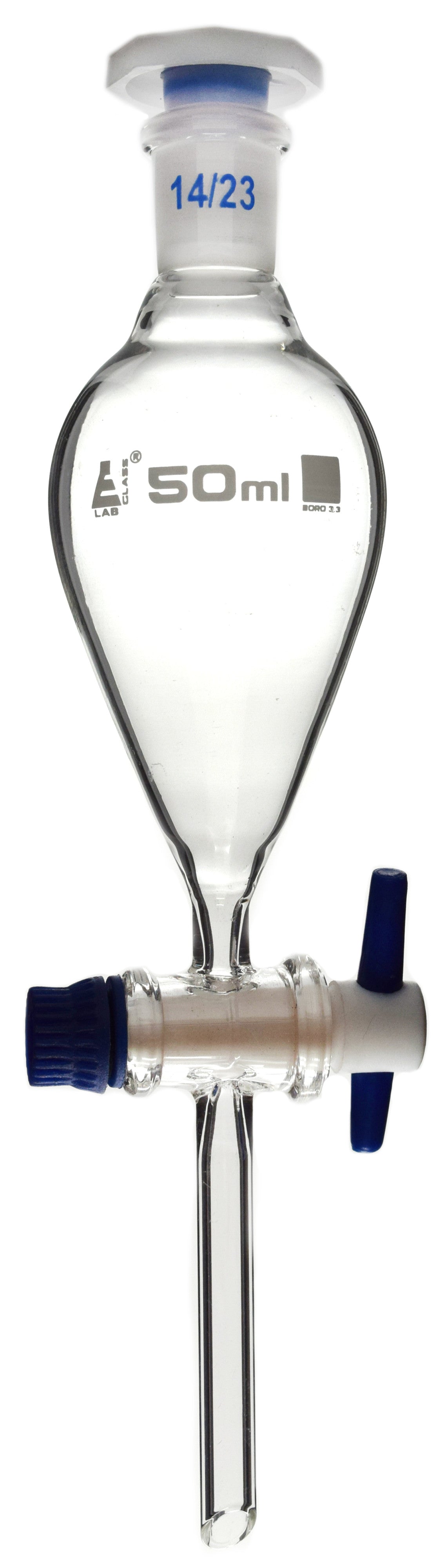 Glass Squibb Separatory Funnel with PTFE Key Stopcock and Interchangeable Polypropylene Stopper, 50 ml, Autoclavable