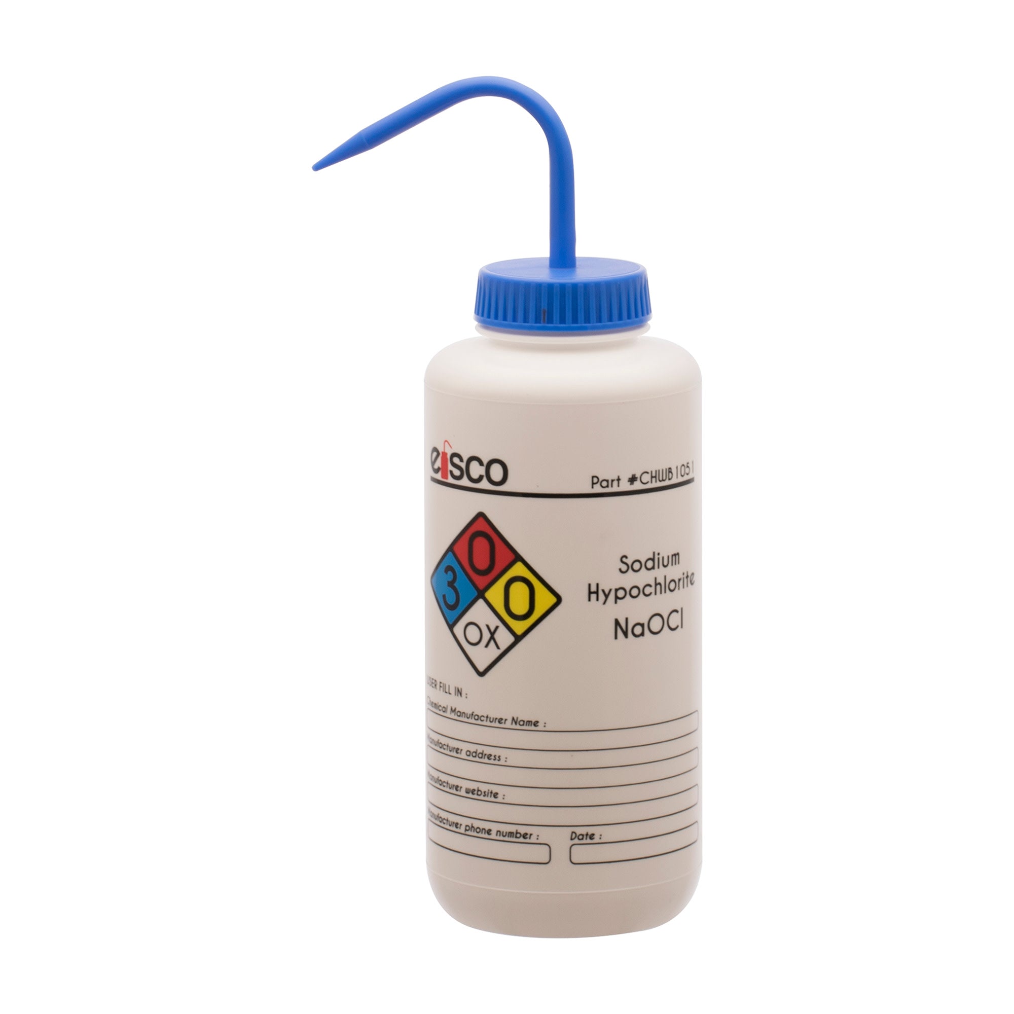 Performance Plastic Wash Bottle, Sodium Hypochlorite (Bleach), 1000 ml - Labeled (4 Color)