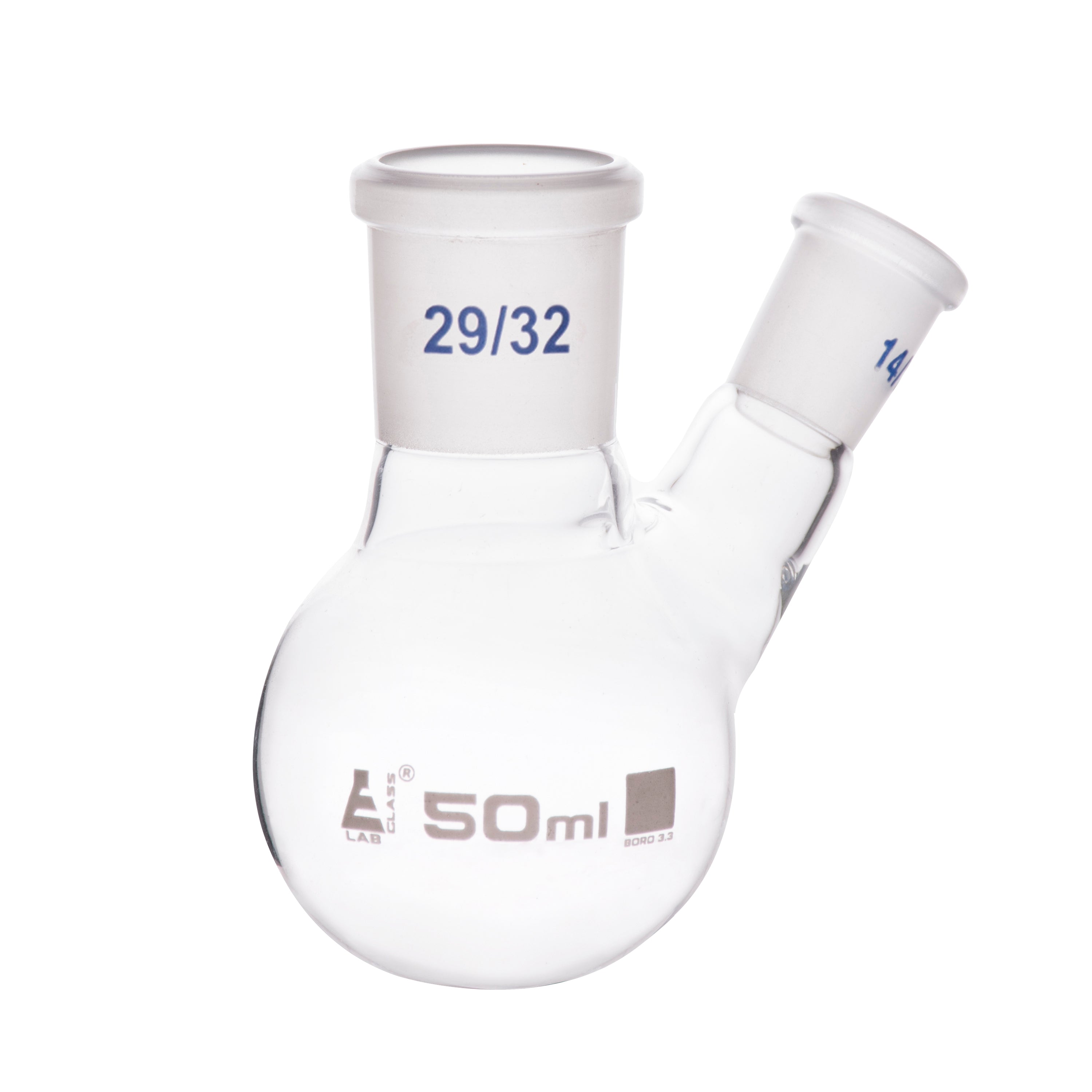 Borosilicate Glass 2 Neck Distillation Flask, 50ml, 29/32 Oblique Neck, 14/23 Side Joint, Autoclavable