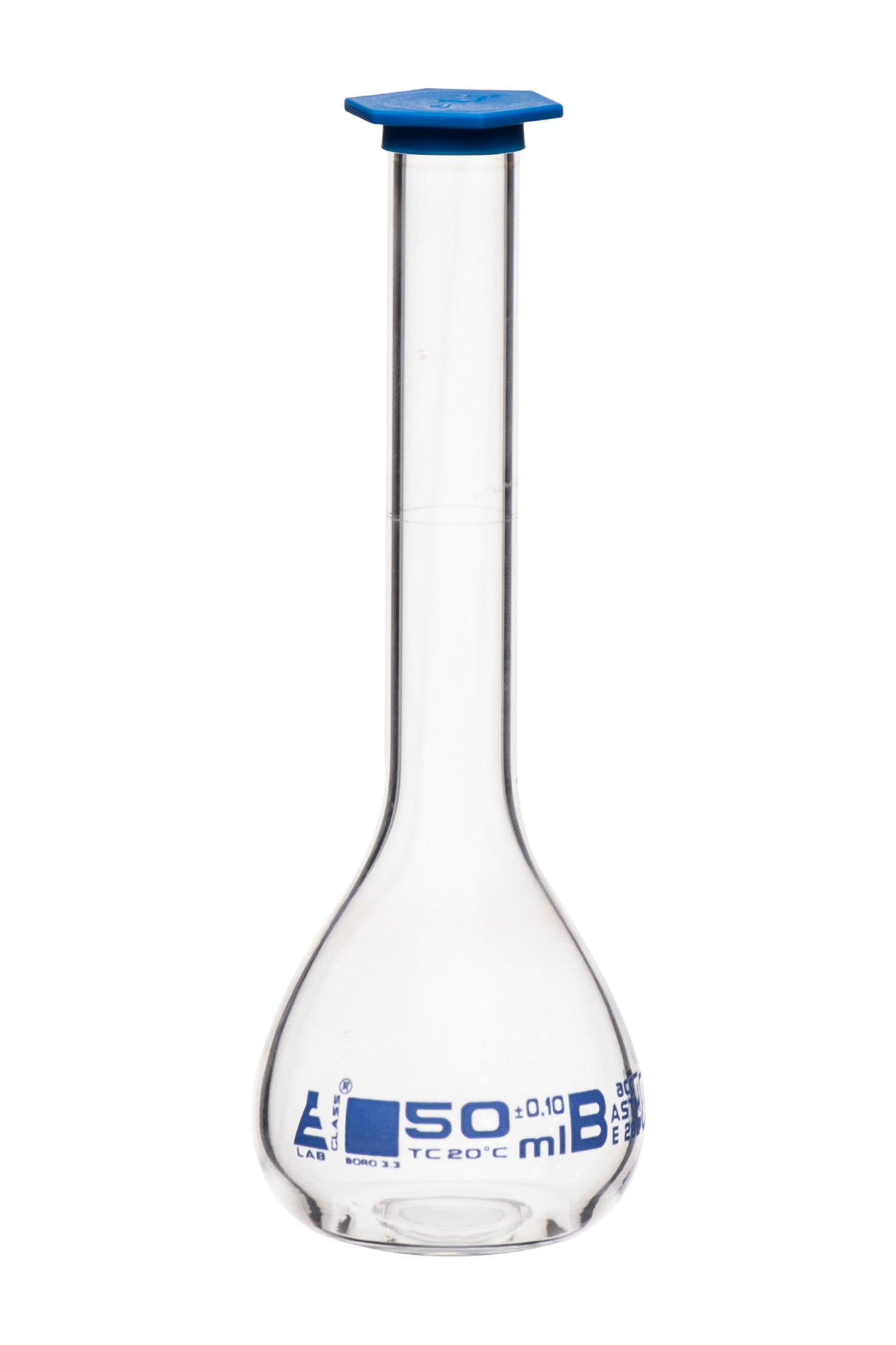 Borosilicate Volumetric Flask with Polyethylene Snap Cap, 50 ml, Class B, Blue Print, ASTM, Autoclavable