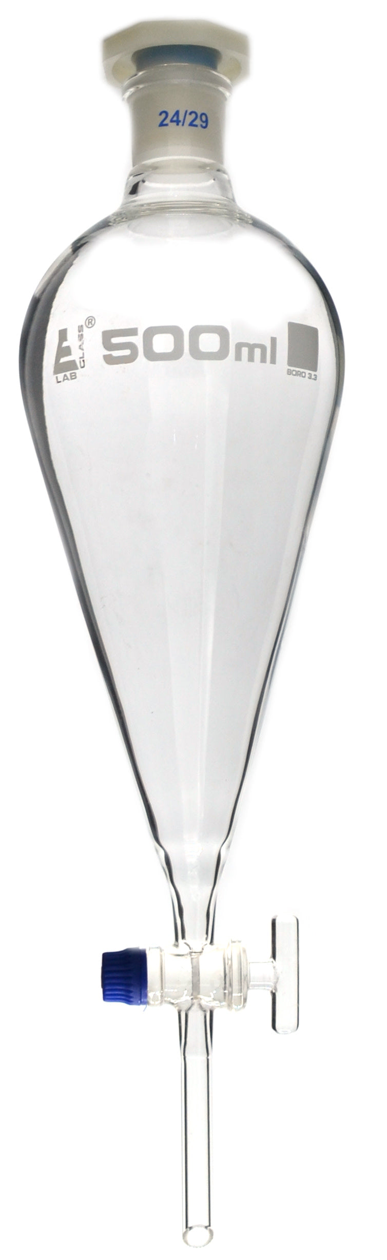 Glass Squibb Separatory Funnel with Glass Key Stopcock and Interchangeable Polypropylene Stopper, 500 ml, Autoclavable