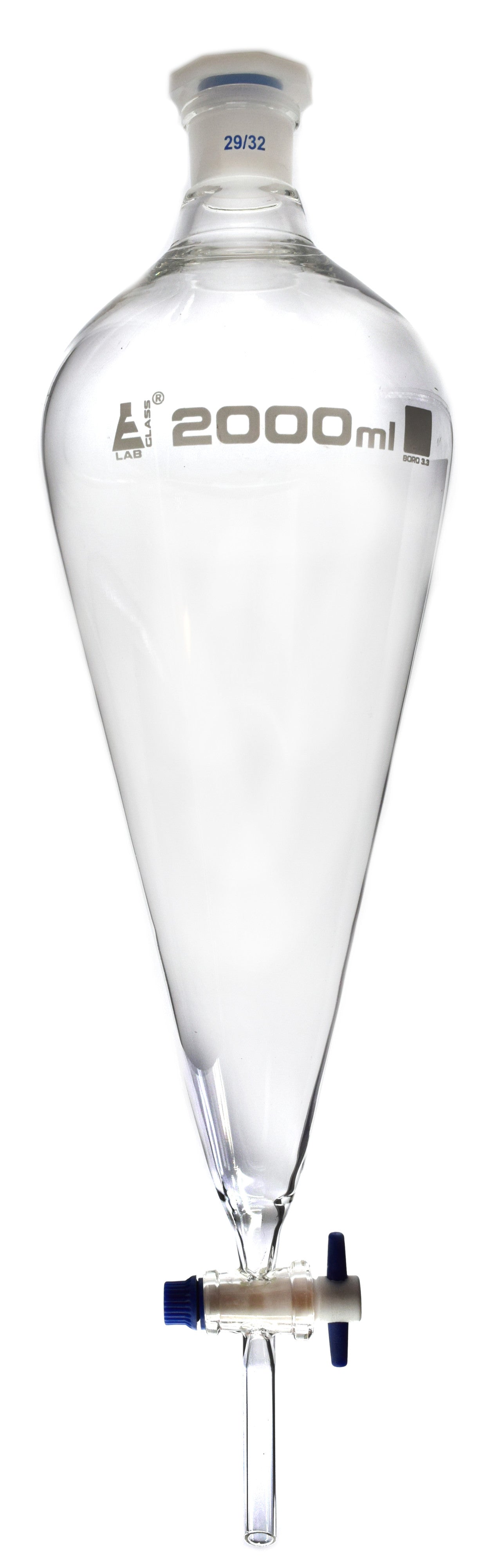 Glass Squibb Separatory Funnel with PTFE Key Stopcock and Interchangeable Polypropylene Stopper, 2,000 ml, Autoclavable