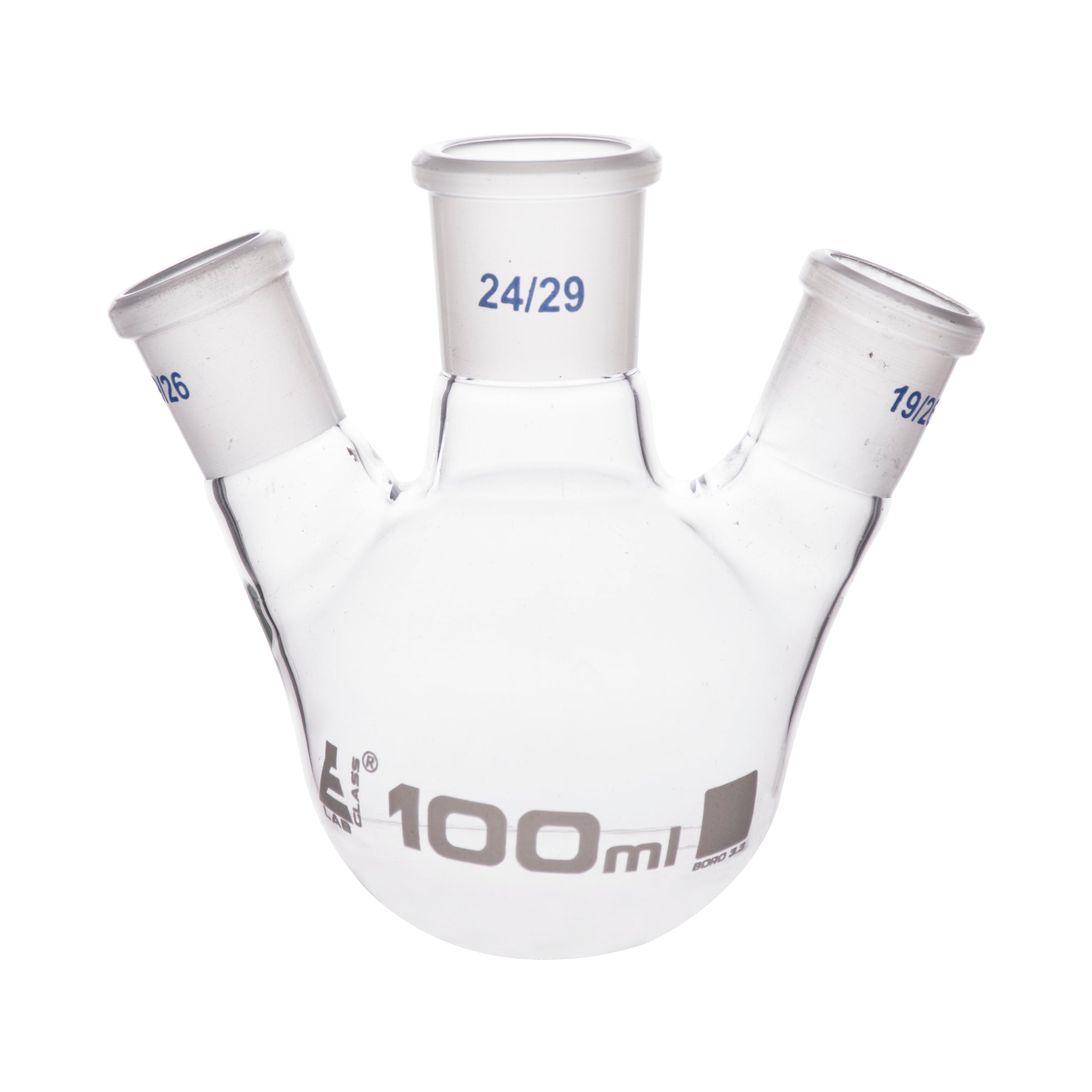 Borosilicate Glass 3 Neck Distillation Flask, 100ml, 24/29 Oblique Neck, 19/26 Side Joint, Autoclavable