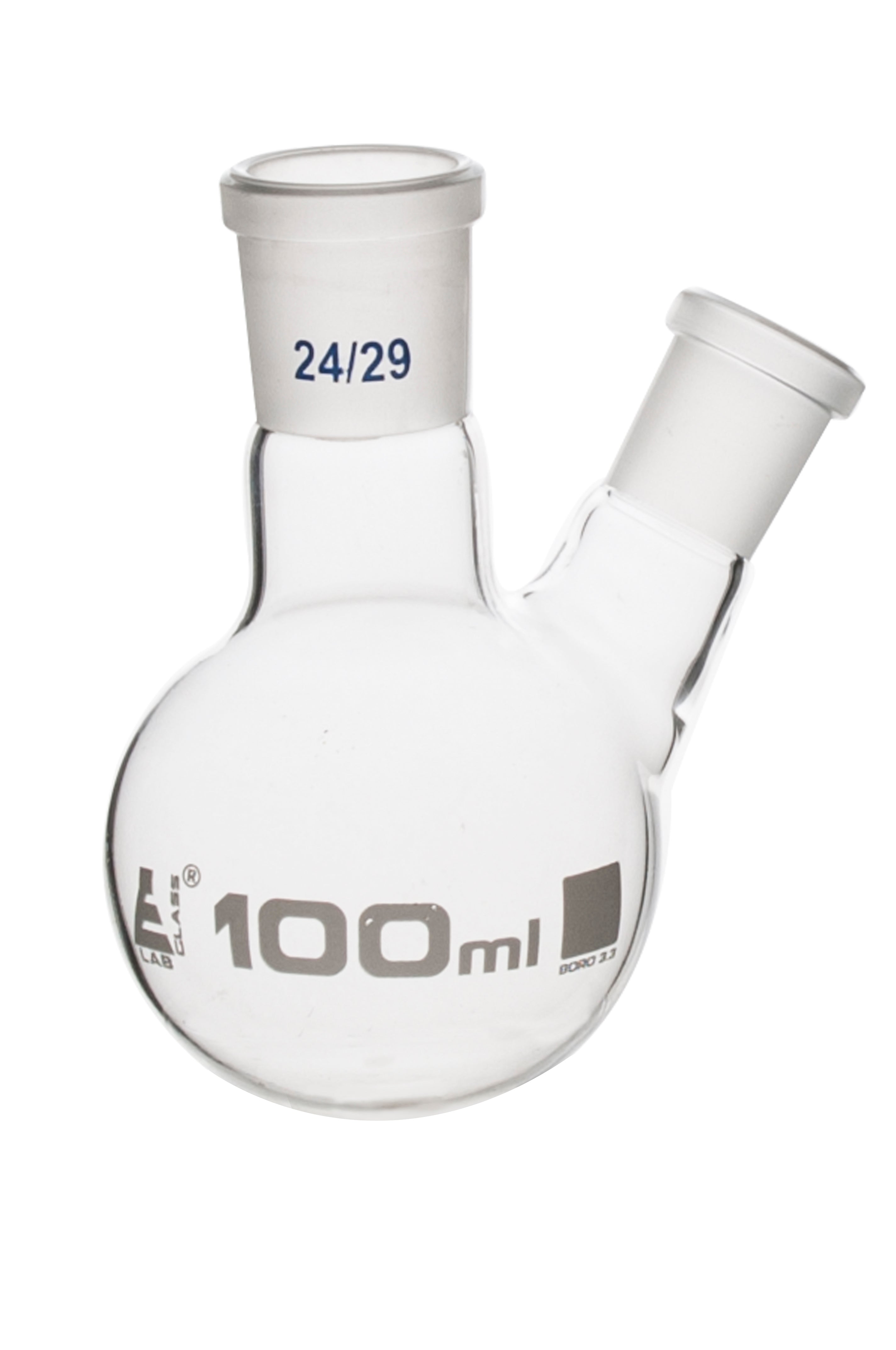 Borosilicate Glass 2 Neck Distillation Flask, 100ml, 29/32 Oblique Neck, 14/23 Side Joint, Autoclavable