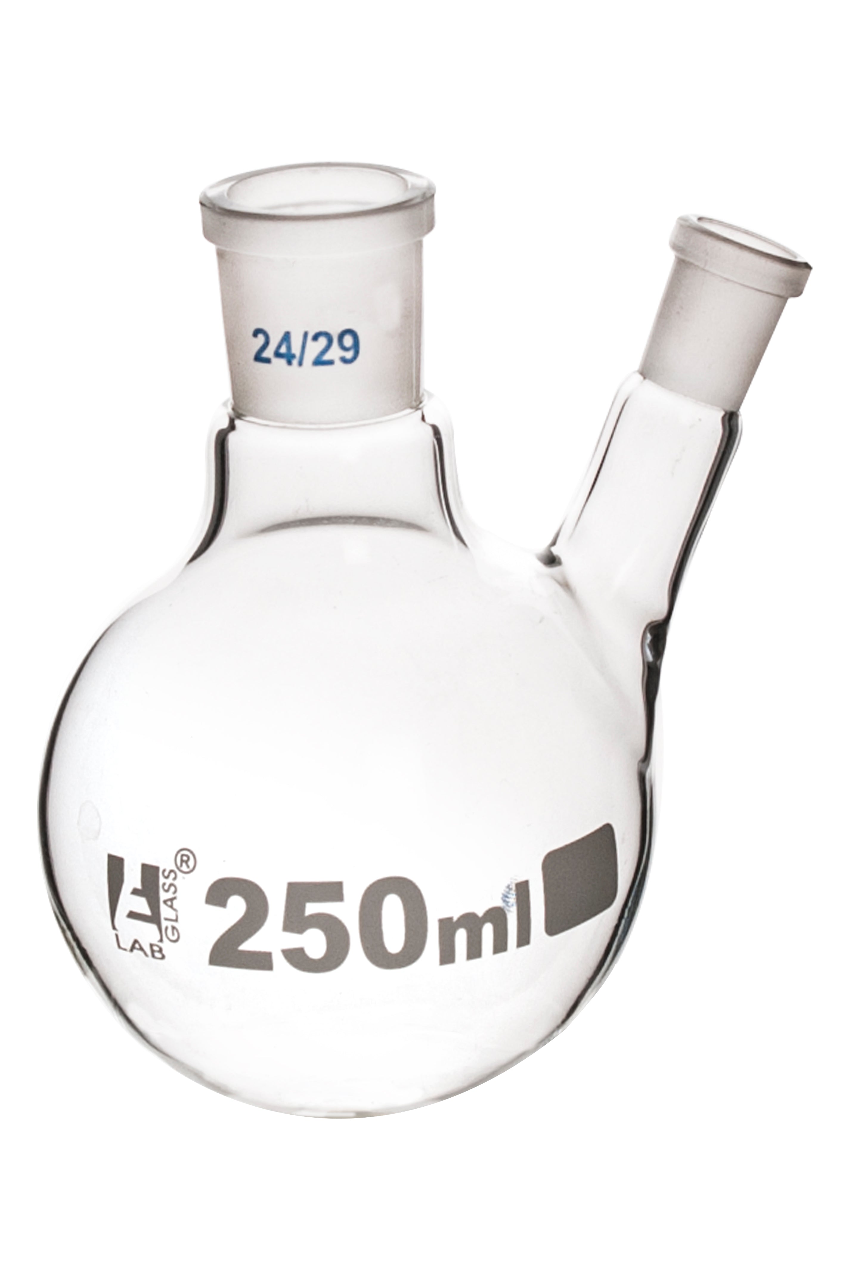 Borosilicate Glass 2 Neck Distillation Flask, 250ml, 24/29 Oblique Neck, 14/23 Side Joint, Autoclavable