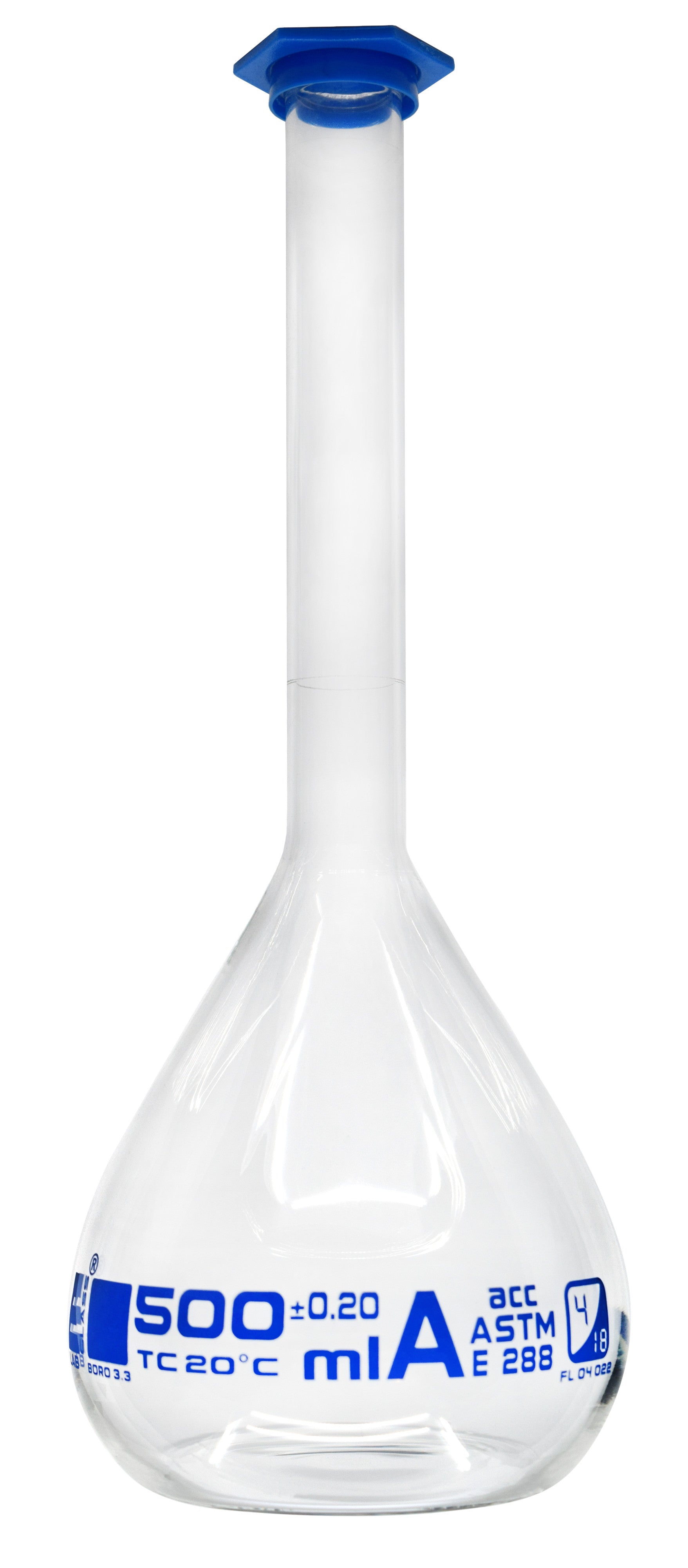 Borosilicate Volumetric Flask with Polyethylene Snap Cap, 500 ml, Class A, Blue Print, ASTM, Autoclavable