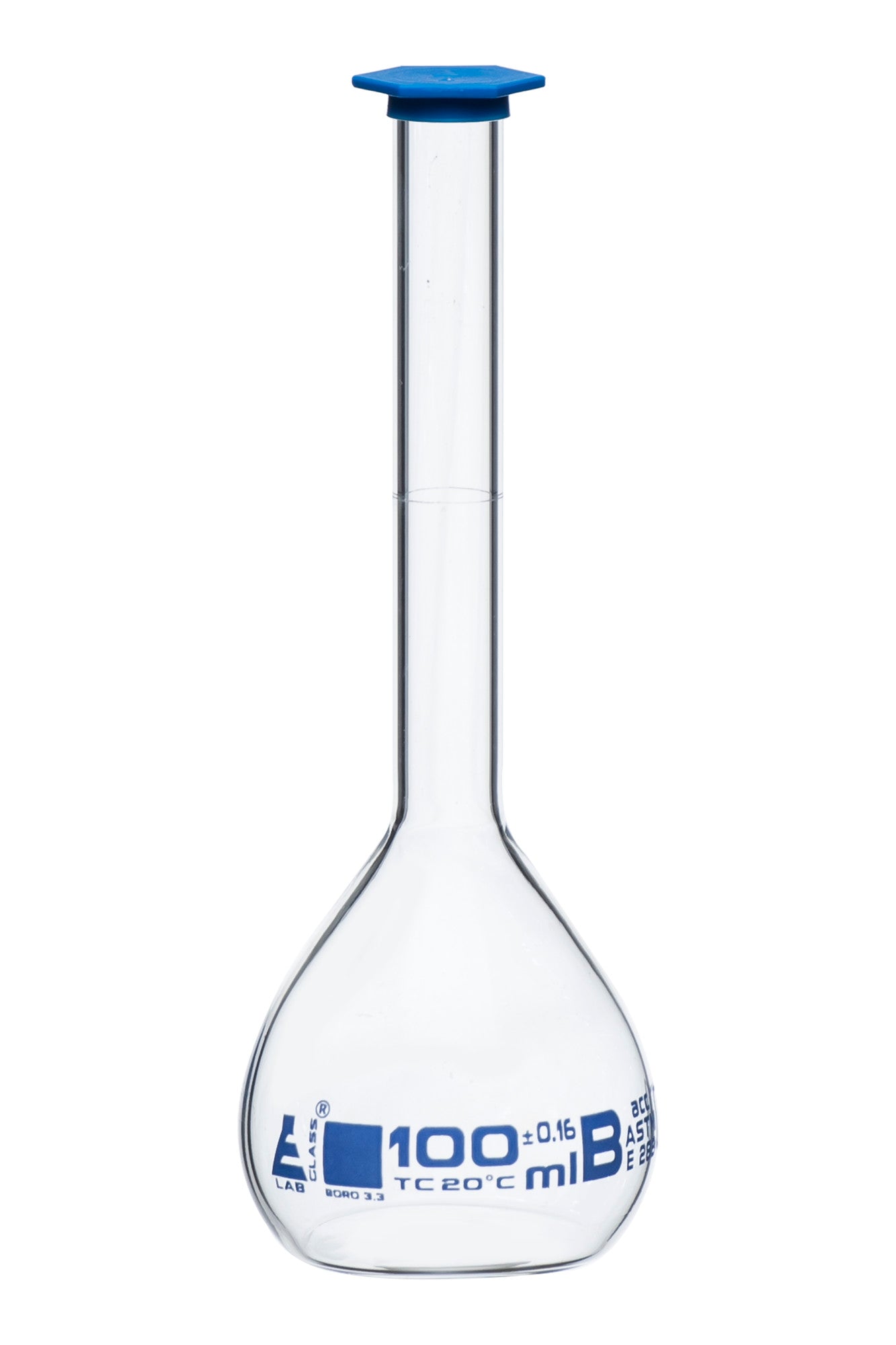 Borosilicate Volumetric Flask with Polyethylene Snap Cap, 100 ml, Class B, Blue Print, ASTM, Autoclavable