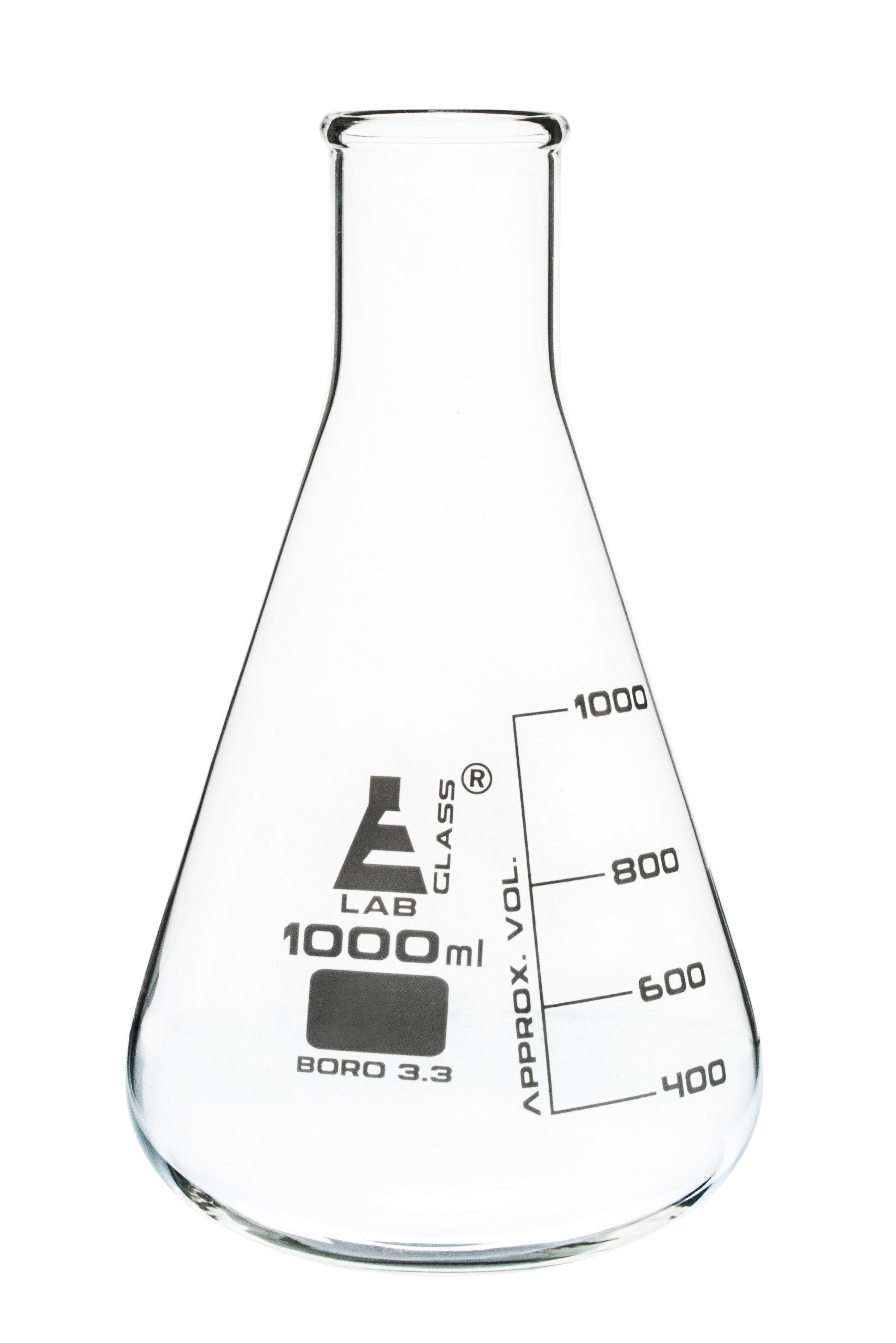 Borosilicate Glass Erlenmeyer Flask, 1000 ml, 200 ml Graduations, Autoclavable