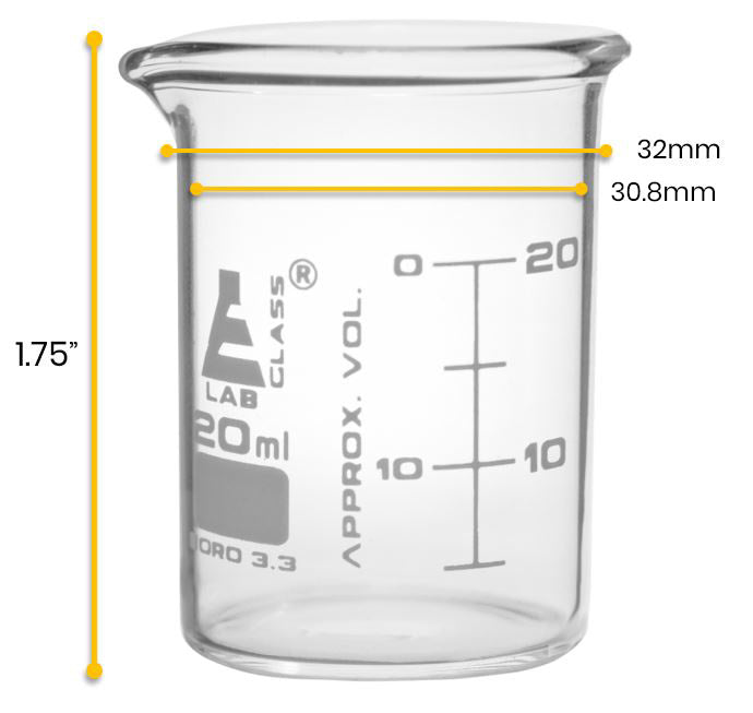 Borosilicate ASTM Low Form Beaker, 20ml, 5ml Graduation, Autoclavable