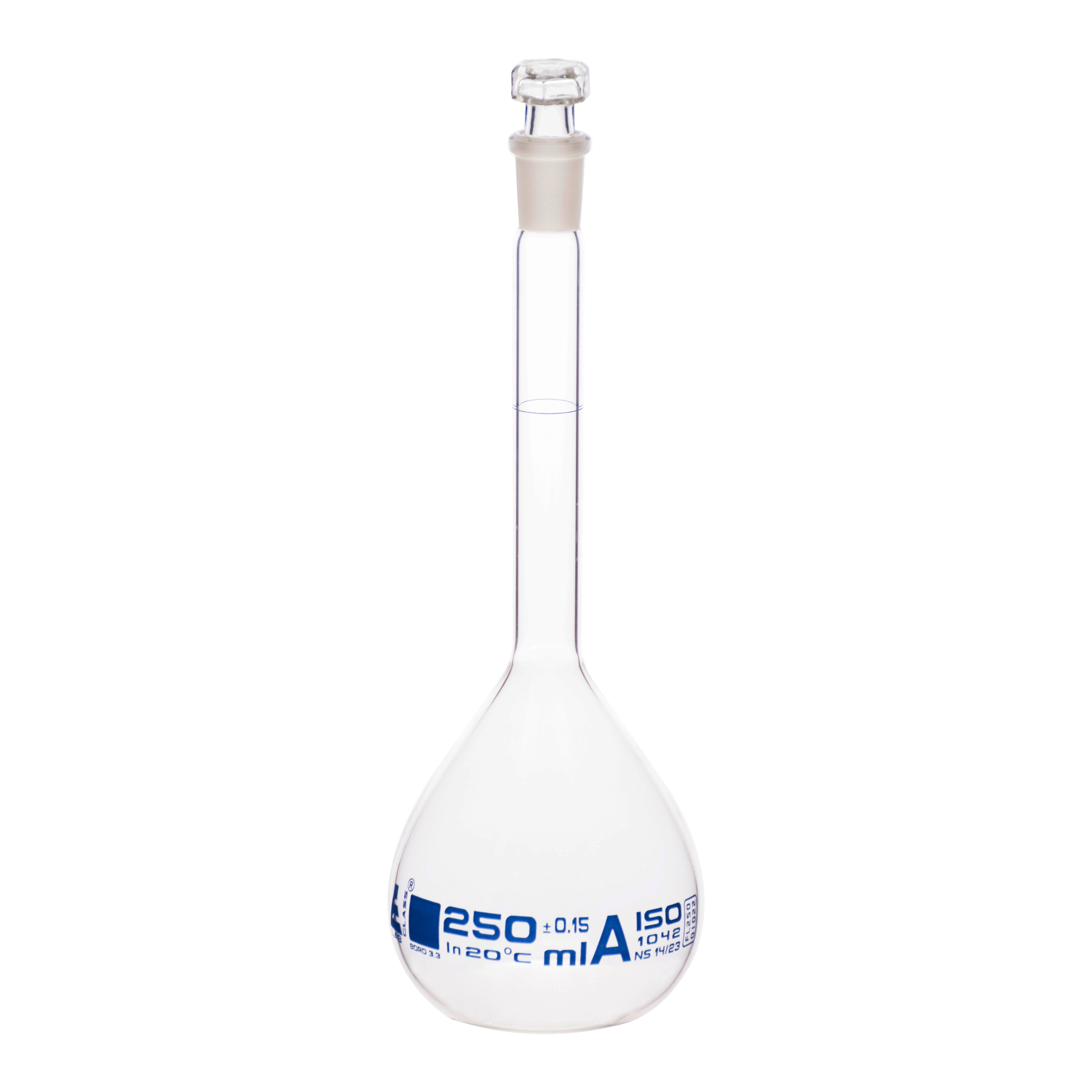 Borosilicate Volumetric Flask with Hollow Glass Stopper, 250ml, Class A, Blue Print, Autoclavable