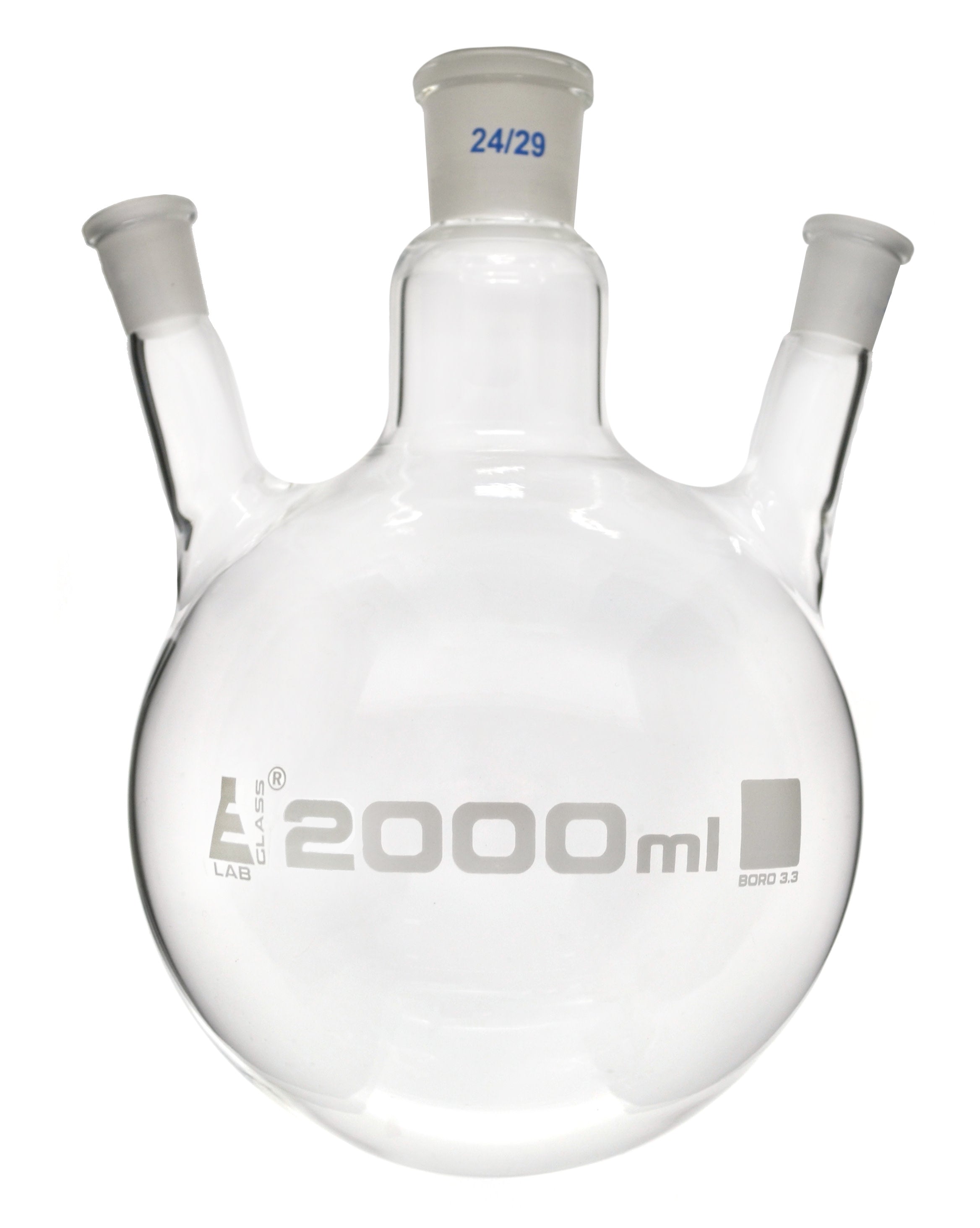 Borosilicate Glass 3 Neck Distillation Flask, 2000ml, 24/29 Oblique Neck, 19/26 Side Joint, Autoclavable