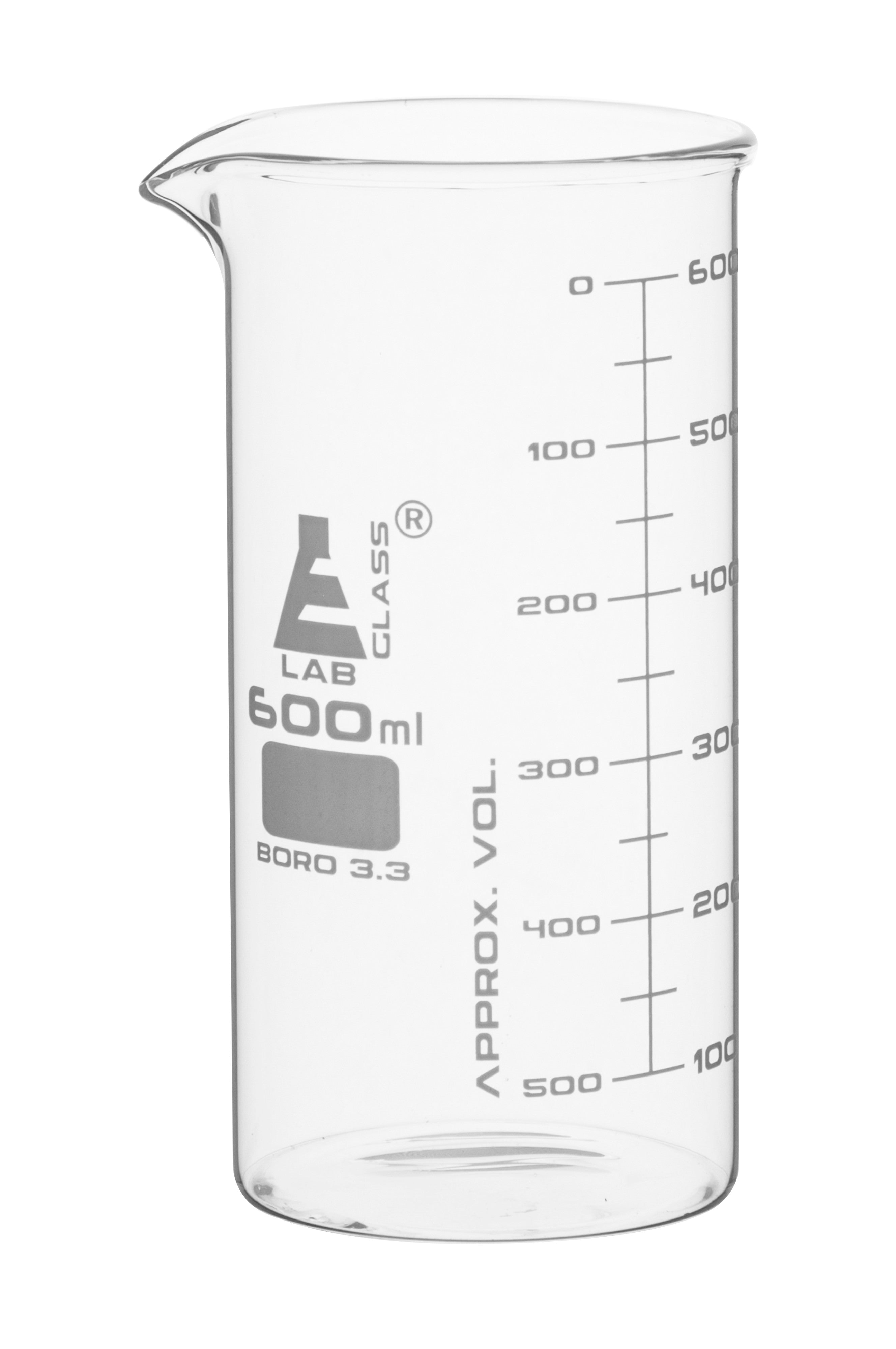 Borosilicate ASTM Tall Form Beaker, 600ml, 50ml Graduation, Autoclavable