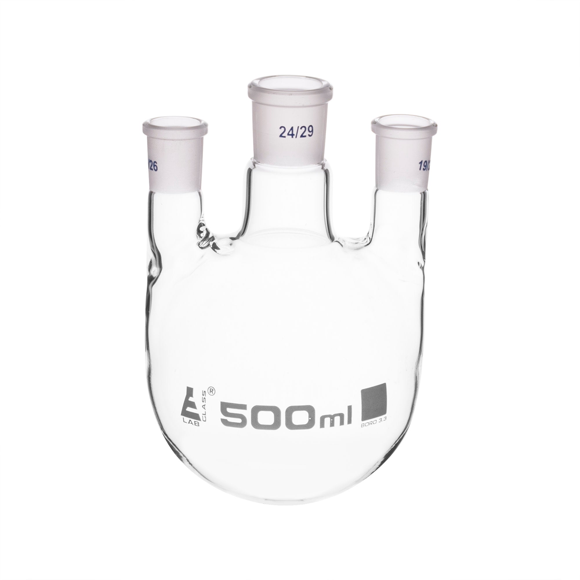 Borosilicate Glass 3 Neck Distillation Flask, 500ml, 24/29 Parallel Neck, 19/26 Side Joint, Autoclavable