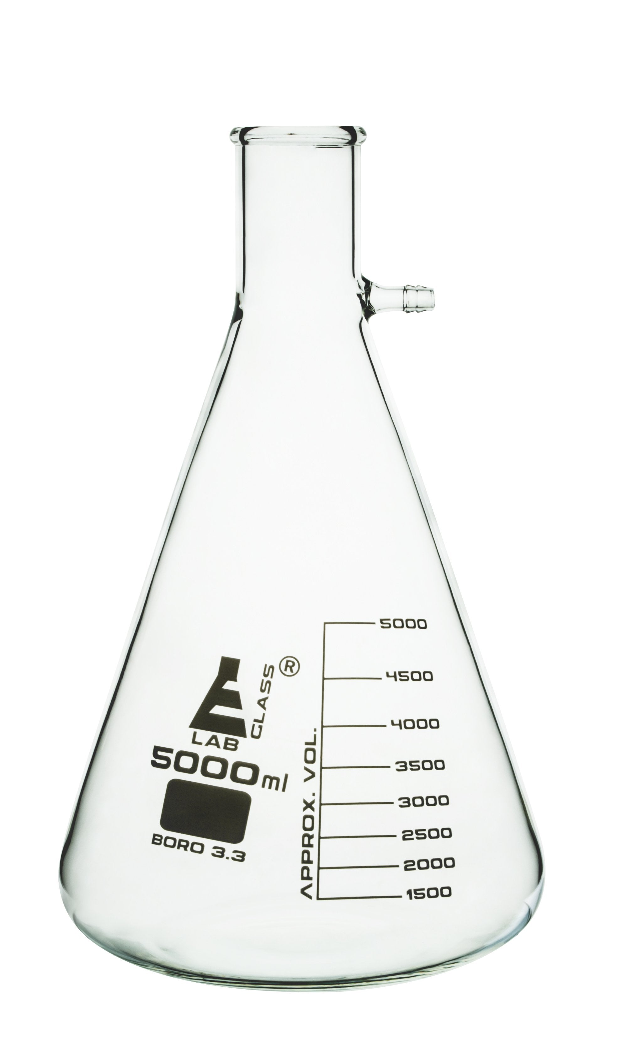 Borosilicate Glass Filtering Flask With Glass Connector, 5000ml, Graduated, Autoclavable