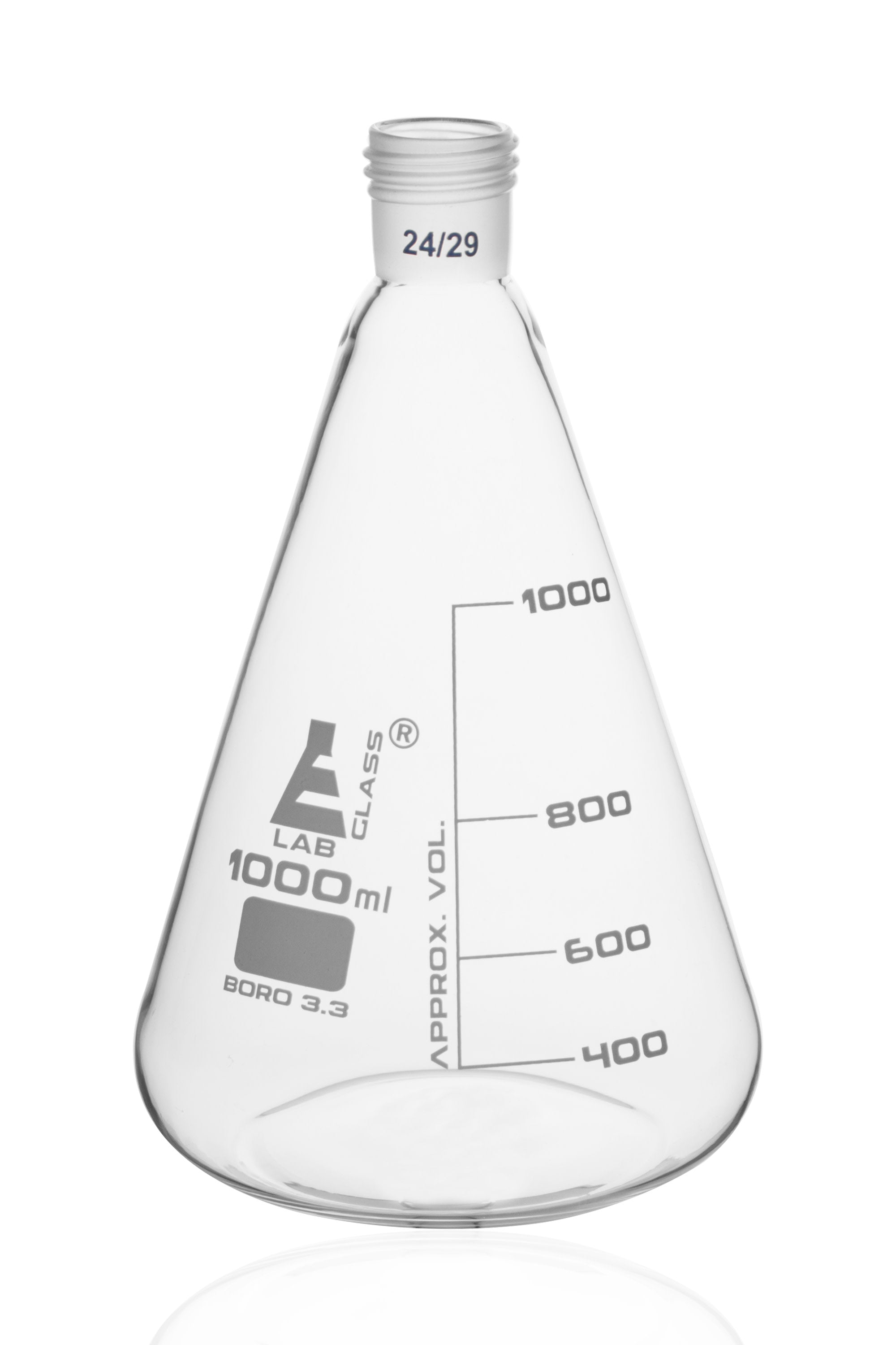 Borosilicate Glass Erlenmeyer Flask with 24/29 Screw Thread Neck Joint, 1000 ml, 200 ml Graduations, Autoclavable