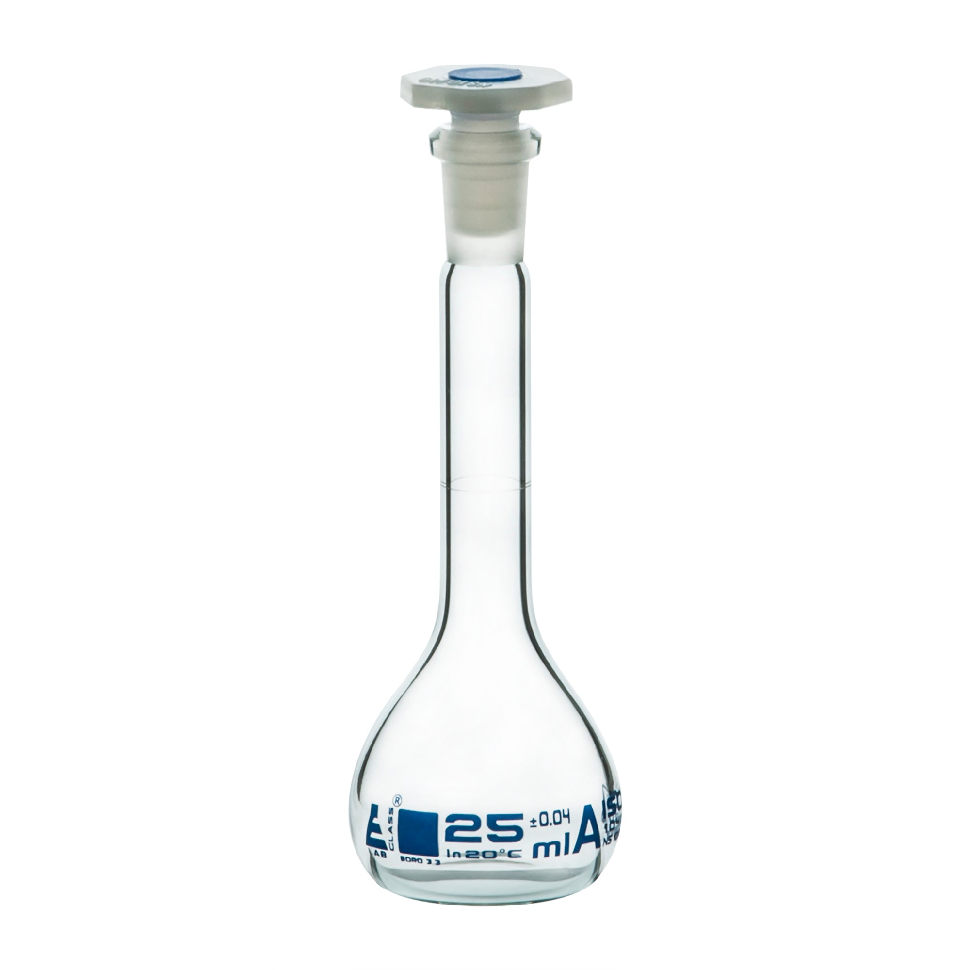 Borosilicate Glass Volumetric Flask with Polyethylene Stopper, 25ml, Class A, Blue Print, Autoclavable