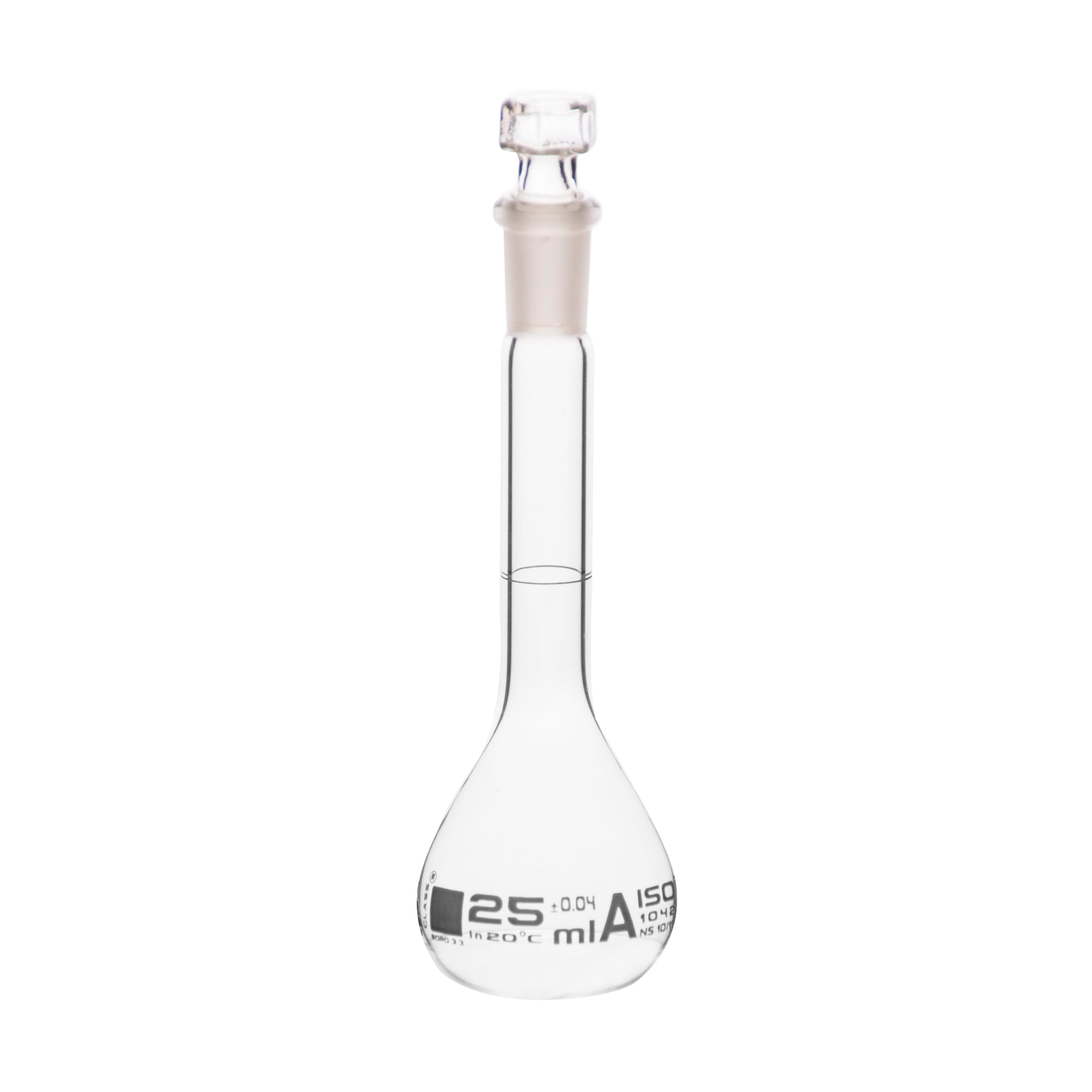 Borosilicate Volumetric Flask with Hollow Glass Stopper, 25ml, Class A, White Print, Autoclavable
