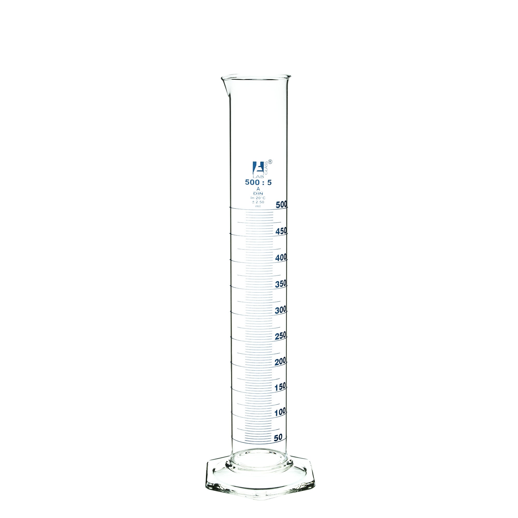 Borosilicate Glass Graduated Cylinder, 500 ml, 5.0 ml Graduation, Class A, Autoclavable