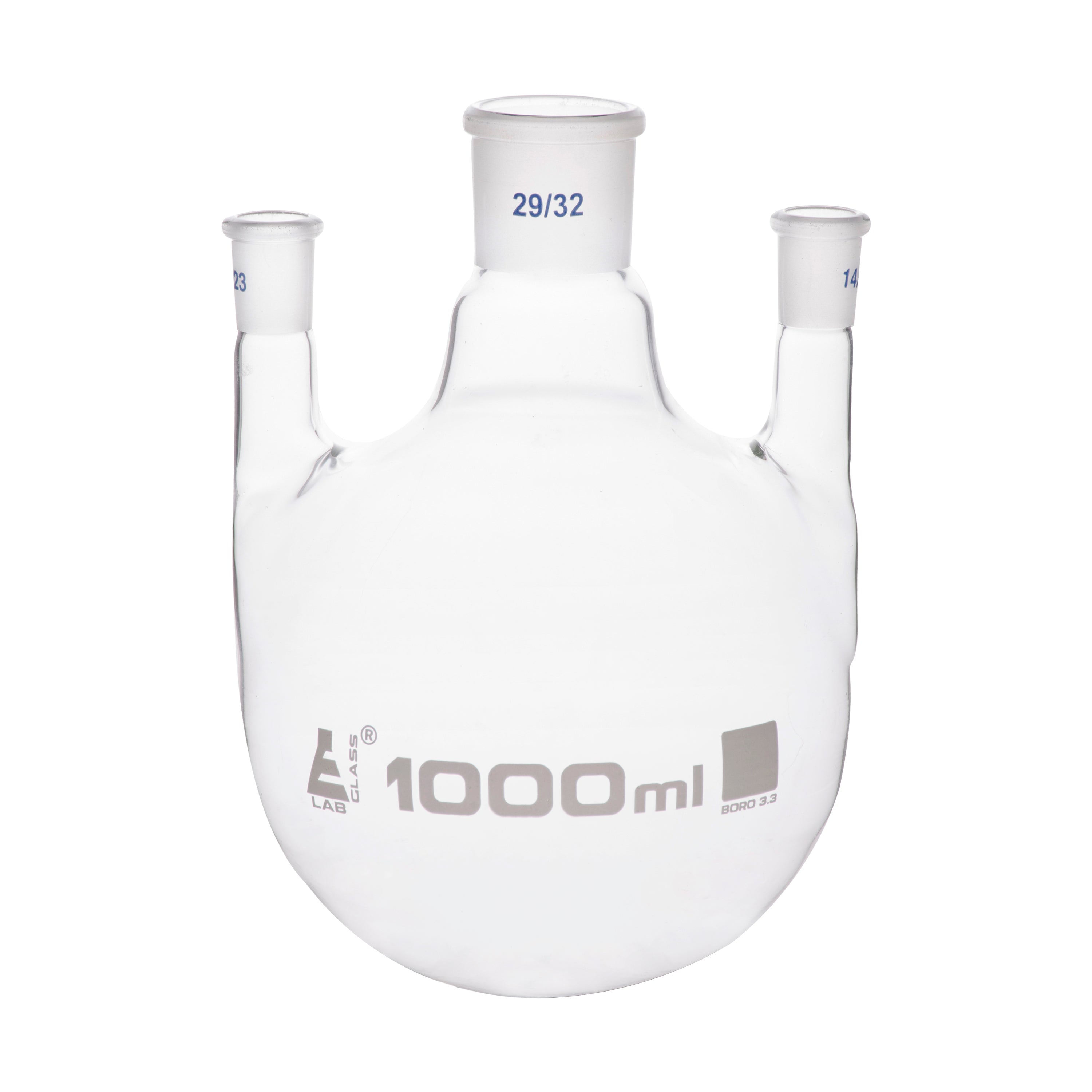 Borosilicate Glass 3 Neck Distillation Flask, 1000ml, 29/32 Parallel Neck, 14/23 Side Joint, Autoclavable