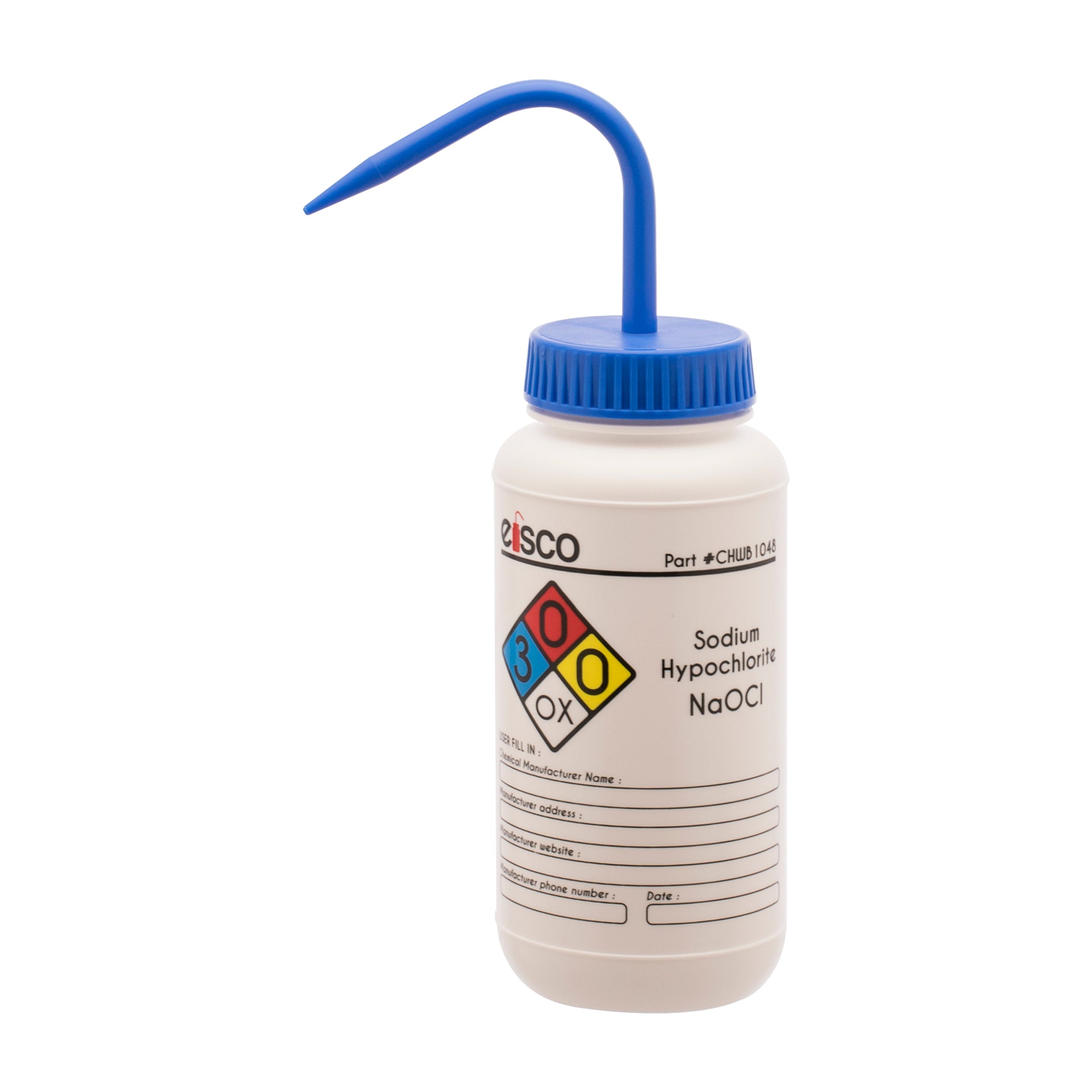 Performance Plastic Wash Bottle, Sodium Hypochlorite (Bleach), 500 ml - Labeled (4 Color)