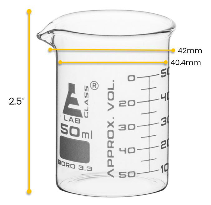 Borosilicate ASTM Low Form Beaker, 50ml, 5ml Graduation, Autoclavable