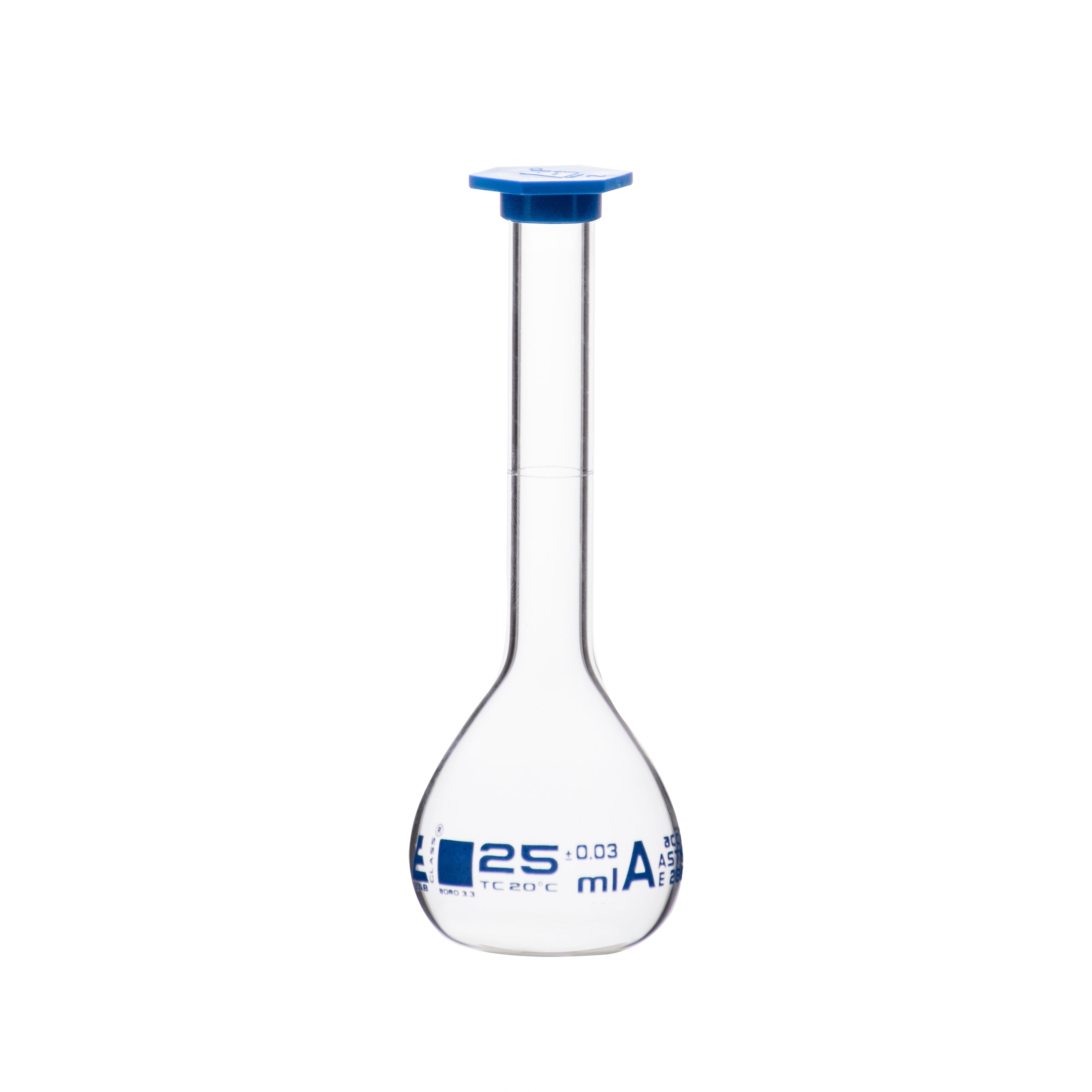 Borosilicate Volumetric Flask with Polyethylene Snap Cap, 25 ml, Class B, Blue Print, ASTM, Autoclavable