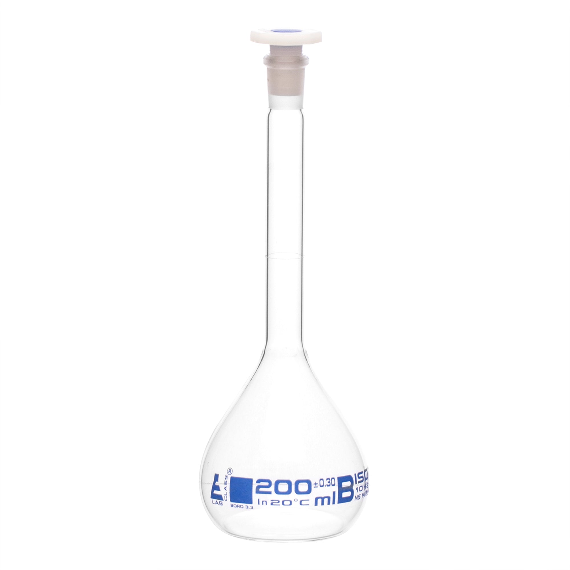 Borosilicate Glass Volumetric Flask with Polyethylene Stopper, 200ml, Class B, Blue Print, Autoclavable