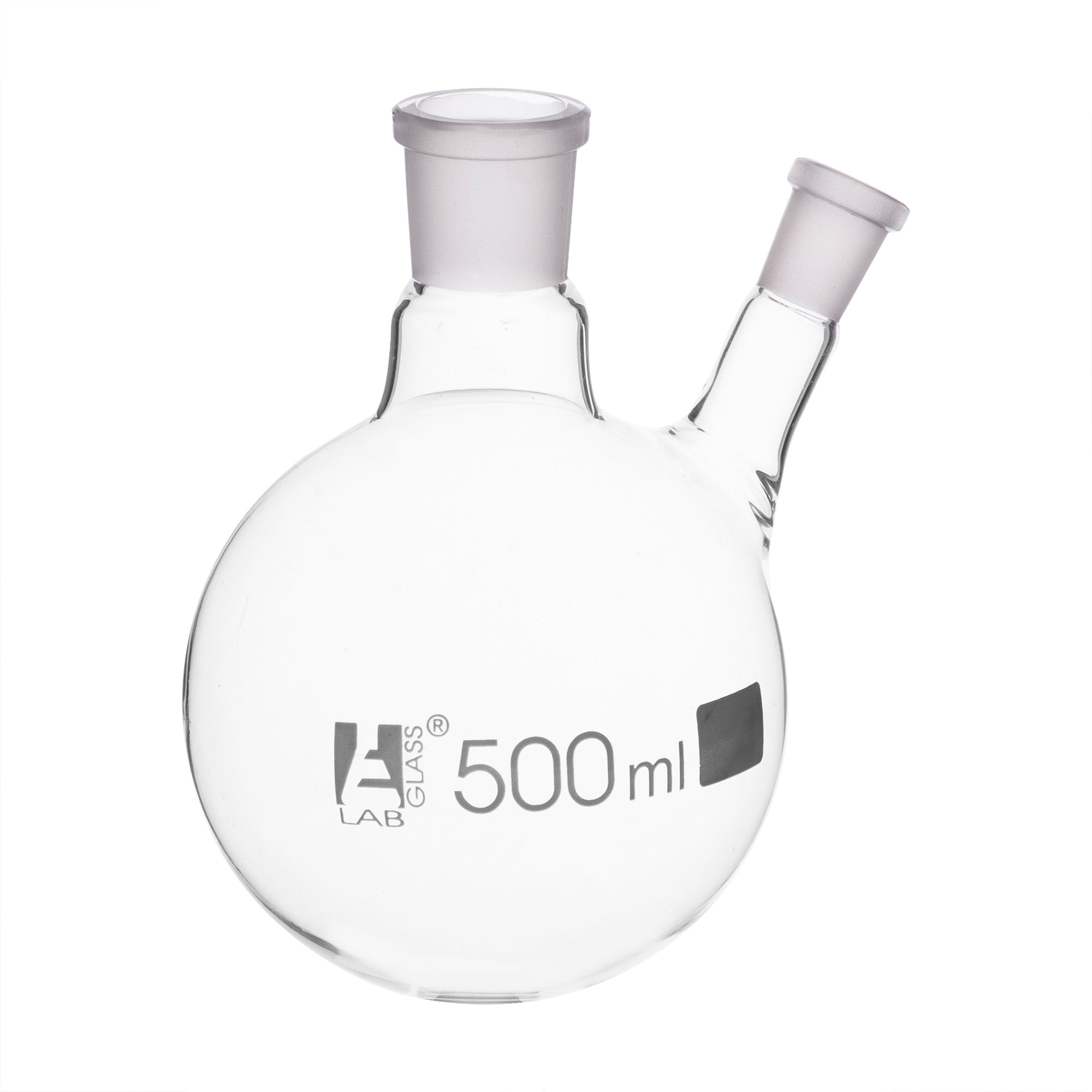 Borosilicate Glass 2 Neck Distillation Flask, 500ml, 24/29 Oblique Neck, 14/23 Side Joint, Autoclavable