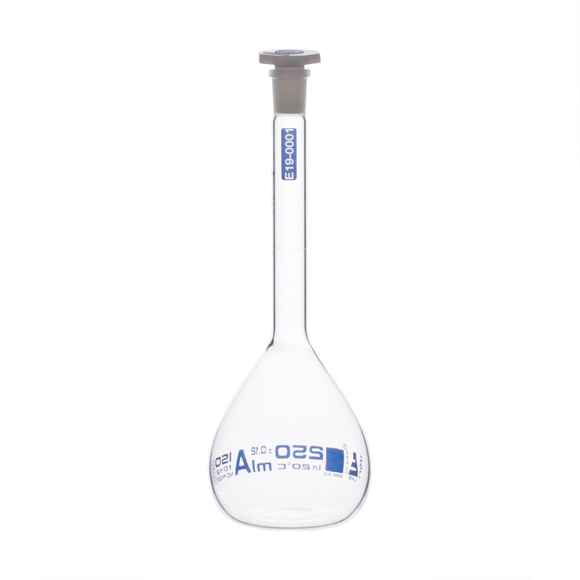 Borosilicate Glass Volumetric Flask with Solid Glass Stopper, 250 ml, USP Class A with Individual Work Certificate,  Pack of 2, Autoclavable
