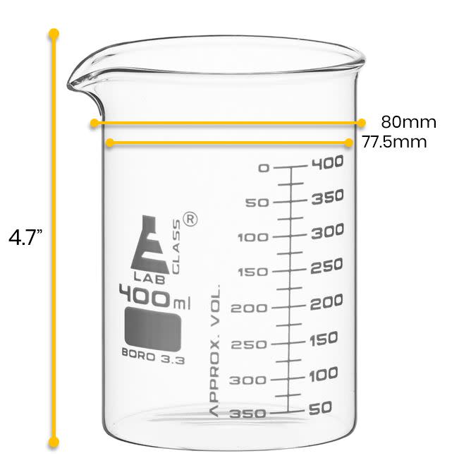 Borosilicate ASTM Low Form Beaker, 400ml, 25ml Graduation, Autoclavable