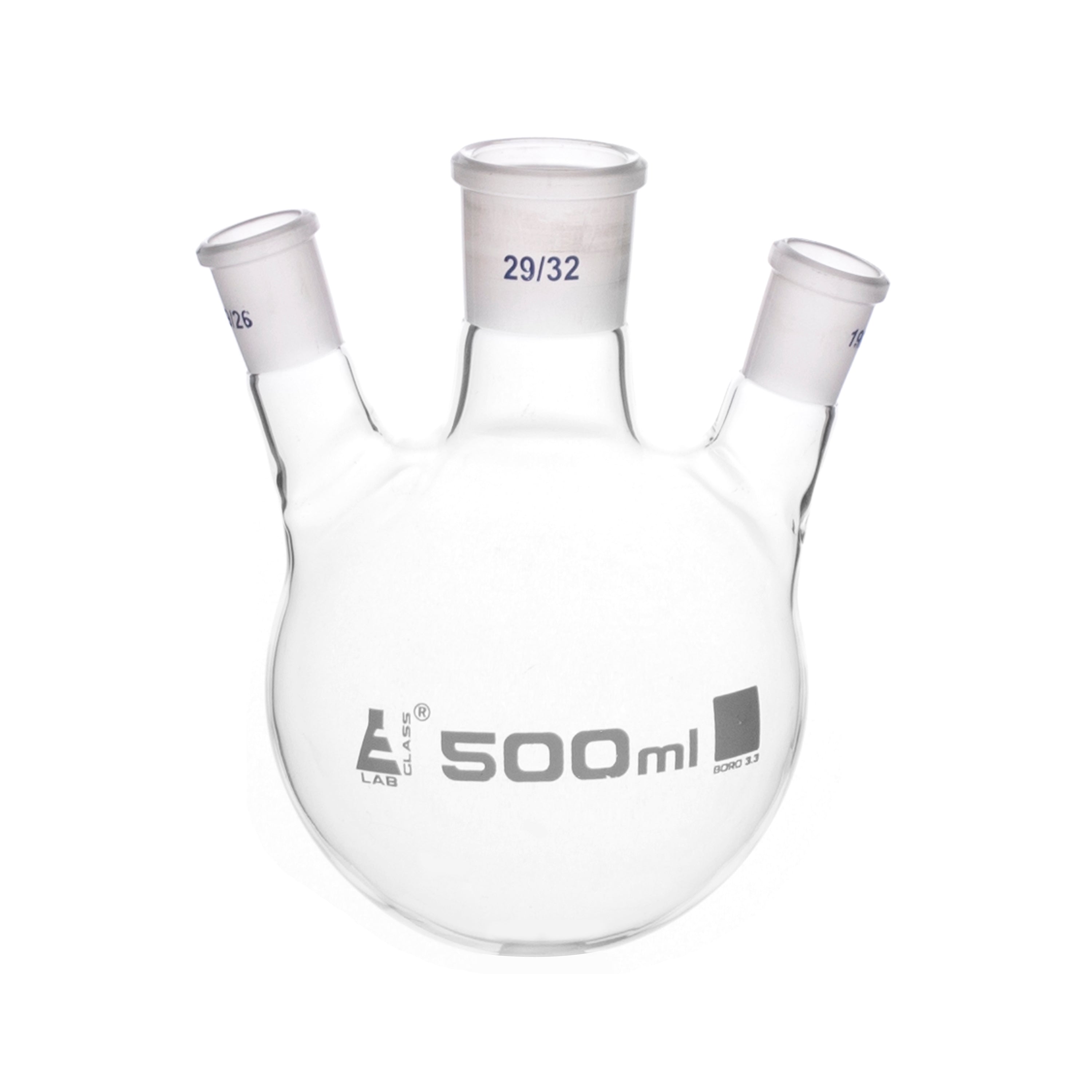 Borosilicate Glass 3 Neck Distillation Flask, 500ml, 29/32 Oblique Neck, 19/26 Side Joint, Autoclavable