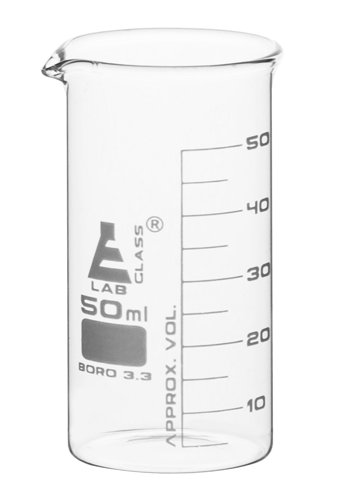 Borosilicate Tall Form Beaker, 50ml, 5ml Graduation, Autoclavable
