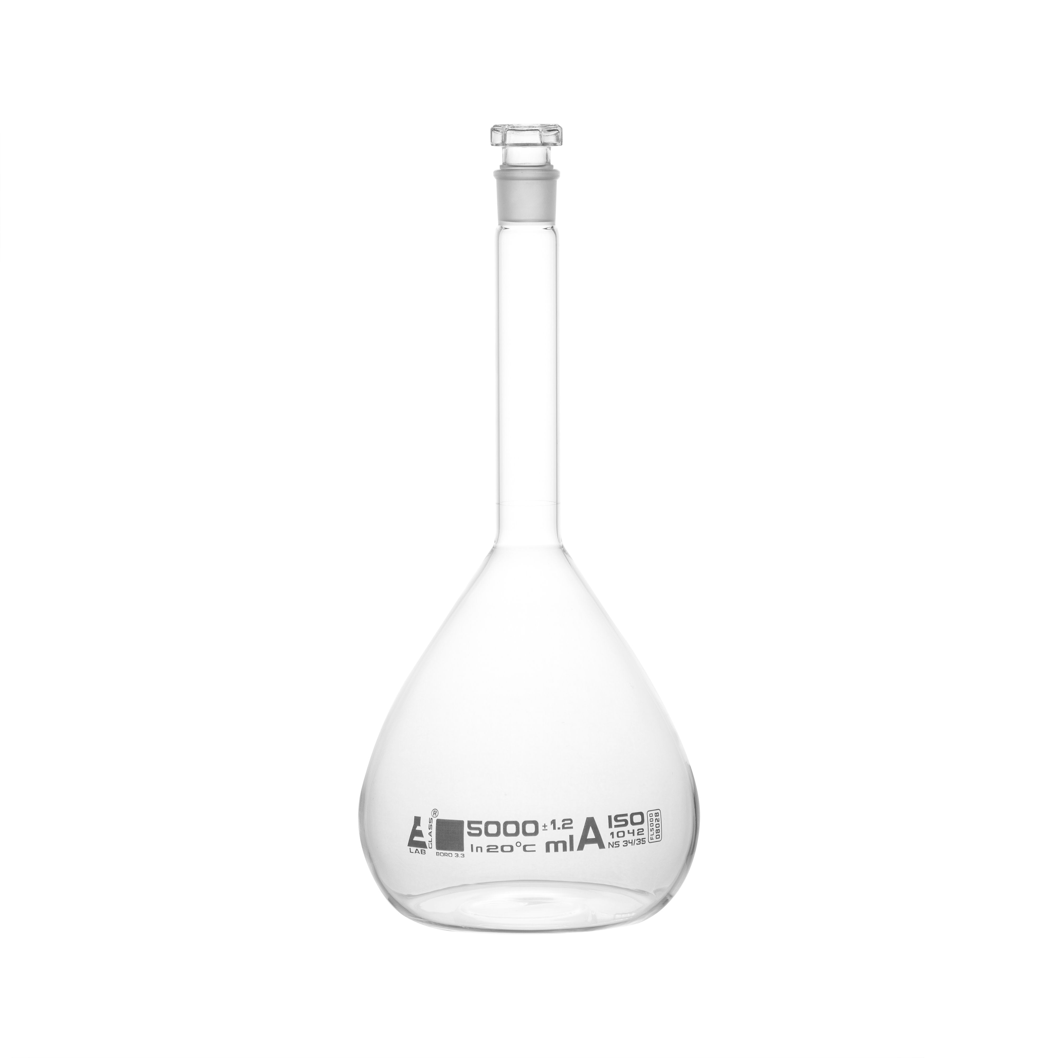 Borosilicate Volumetric Flask with Hollow Glass Stopper, 5000ml, Class A, White Print, Autoclavable