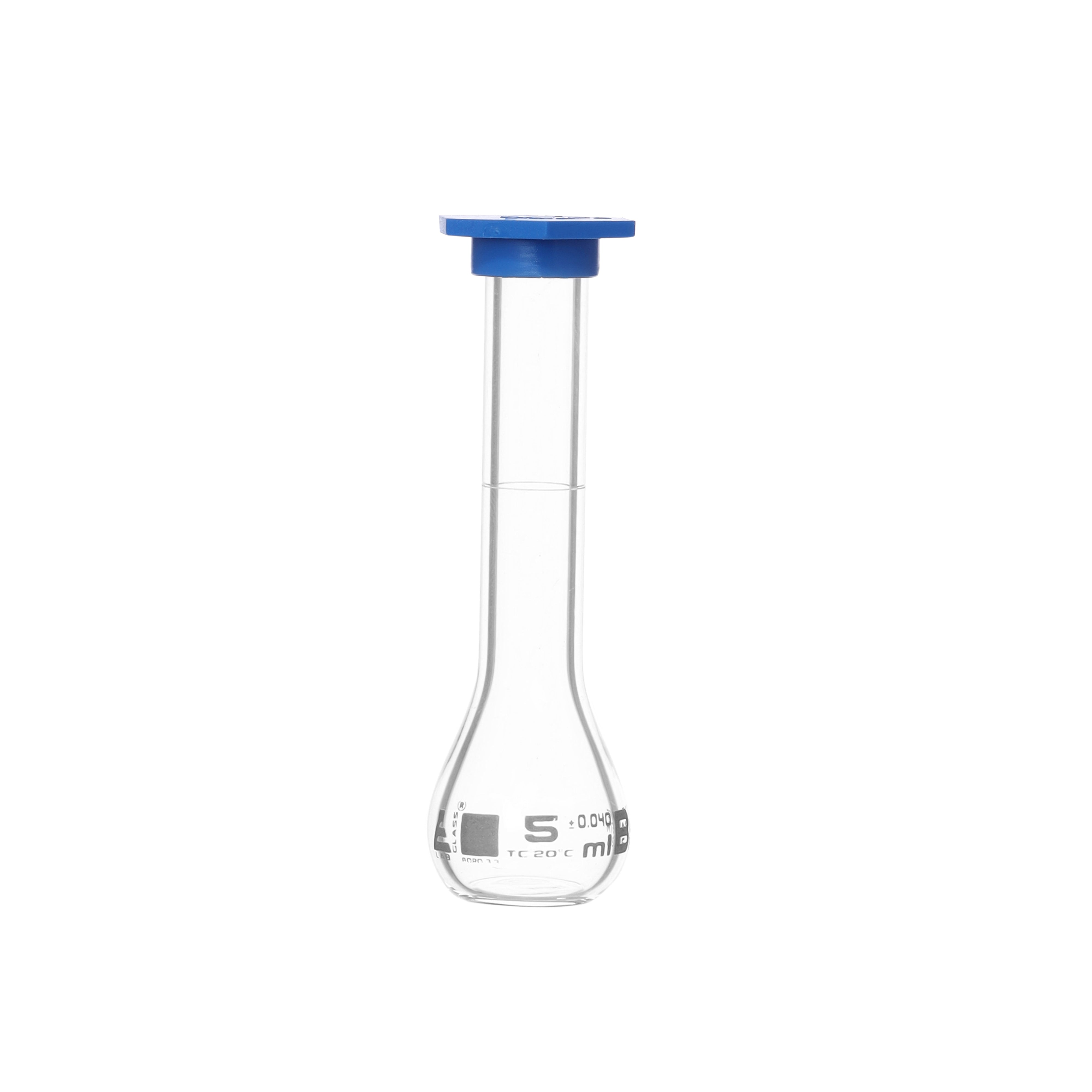 Borosilicate Volumetric Flask with Polyethylene Snap Cap, 5 ml, Class B, White Print, ASTM, Autoclavable