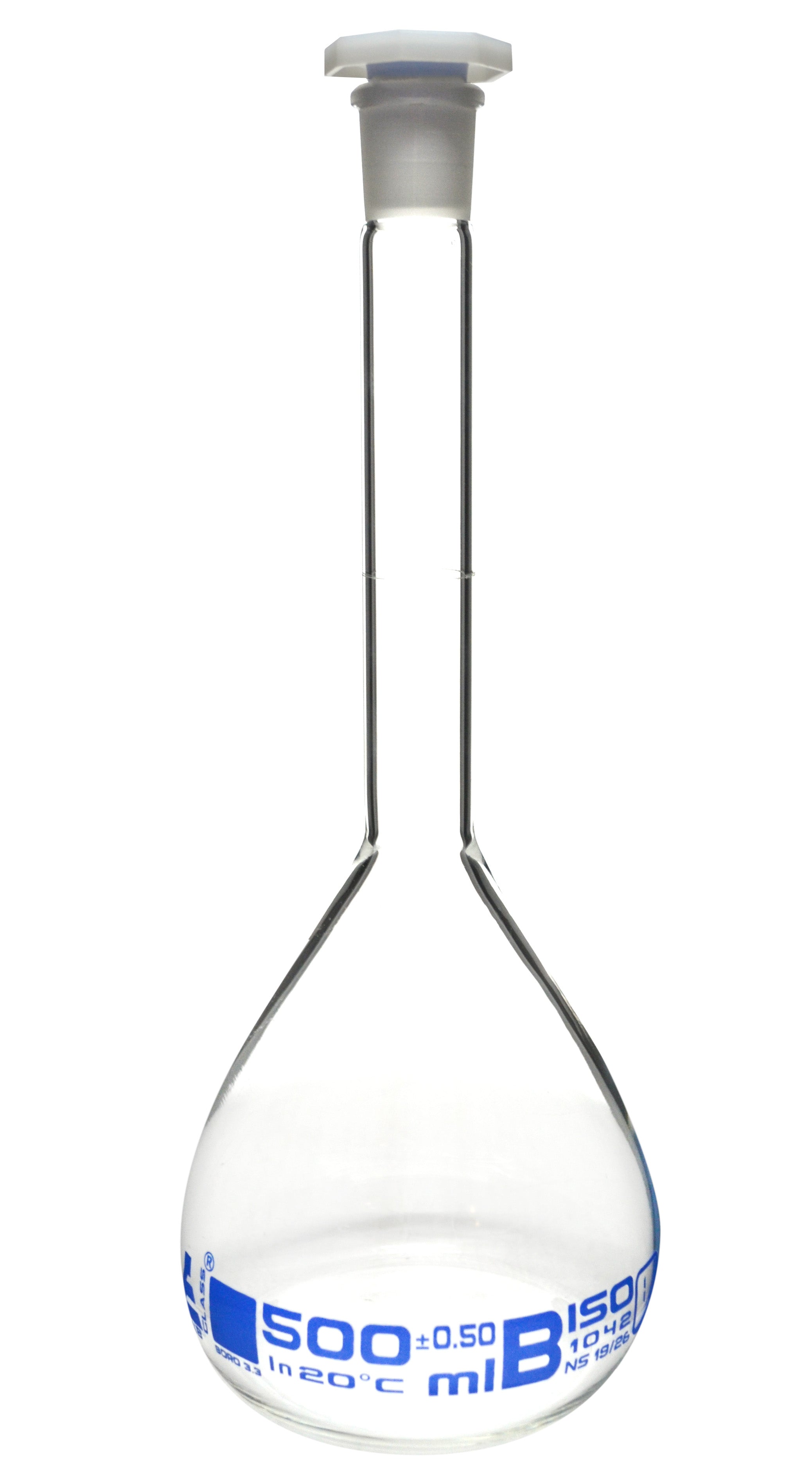 Borosilicate Glass Volumetric Flask with Polyethylene Stopper, 500ml, Class B, Blue Print, Autoclavable