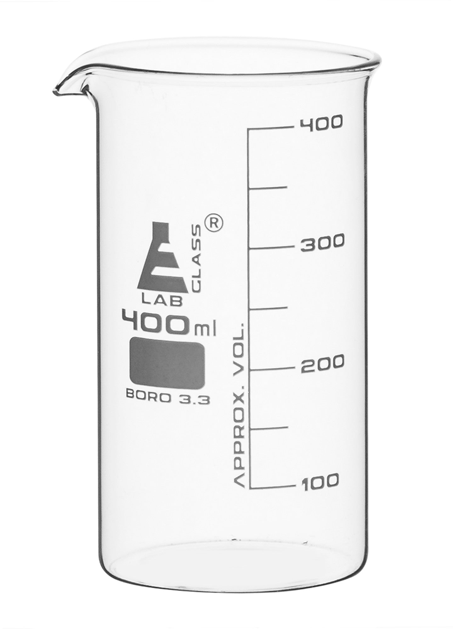 Borosilicate Tall Form Beaker, 400ml, 50ml Graduation, Autoclavable