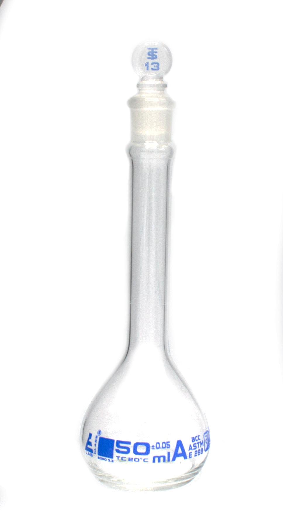 Borosilicate Glass ASTM Volumetric Flask with Glass Stopper, 50 ml, Class A, Autoclavable